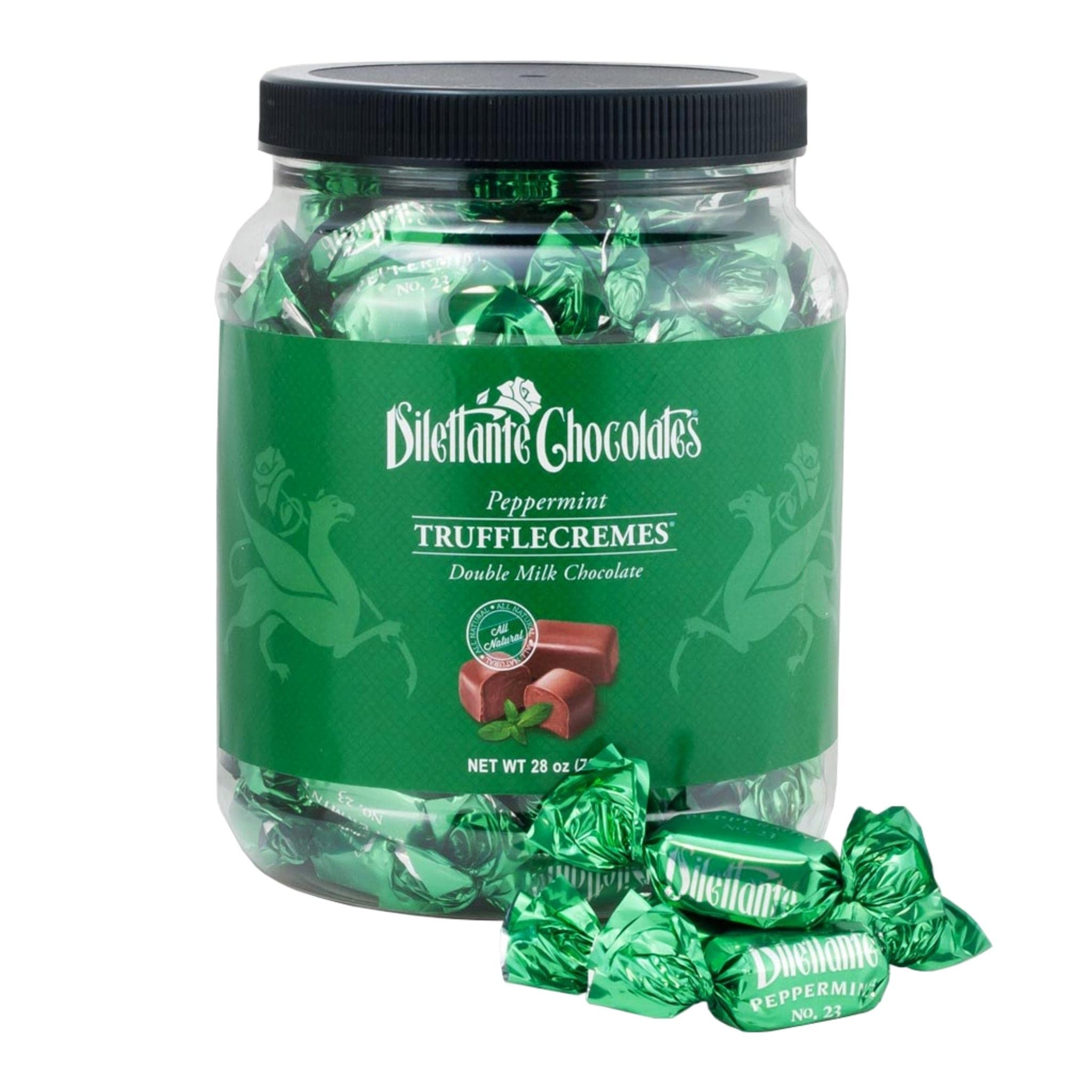 Peppermint Chocolate TruffleCremes - 28oz Bulk Jar with Double Milk Chocolate Coating | All-Natural Fresh Mint Flavor Individually Wrapped Candies | Soft Milk Chocolate Texture by Dilettante Chocolates | Perfect for Holiday Gifts, Party Favors & Office Treats