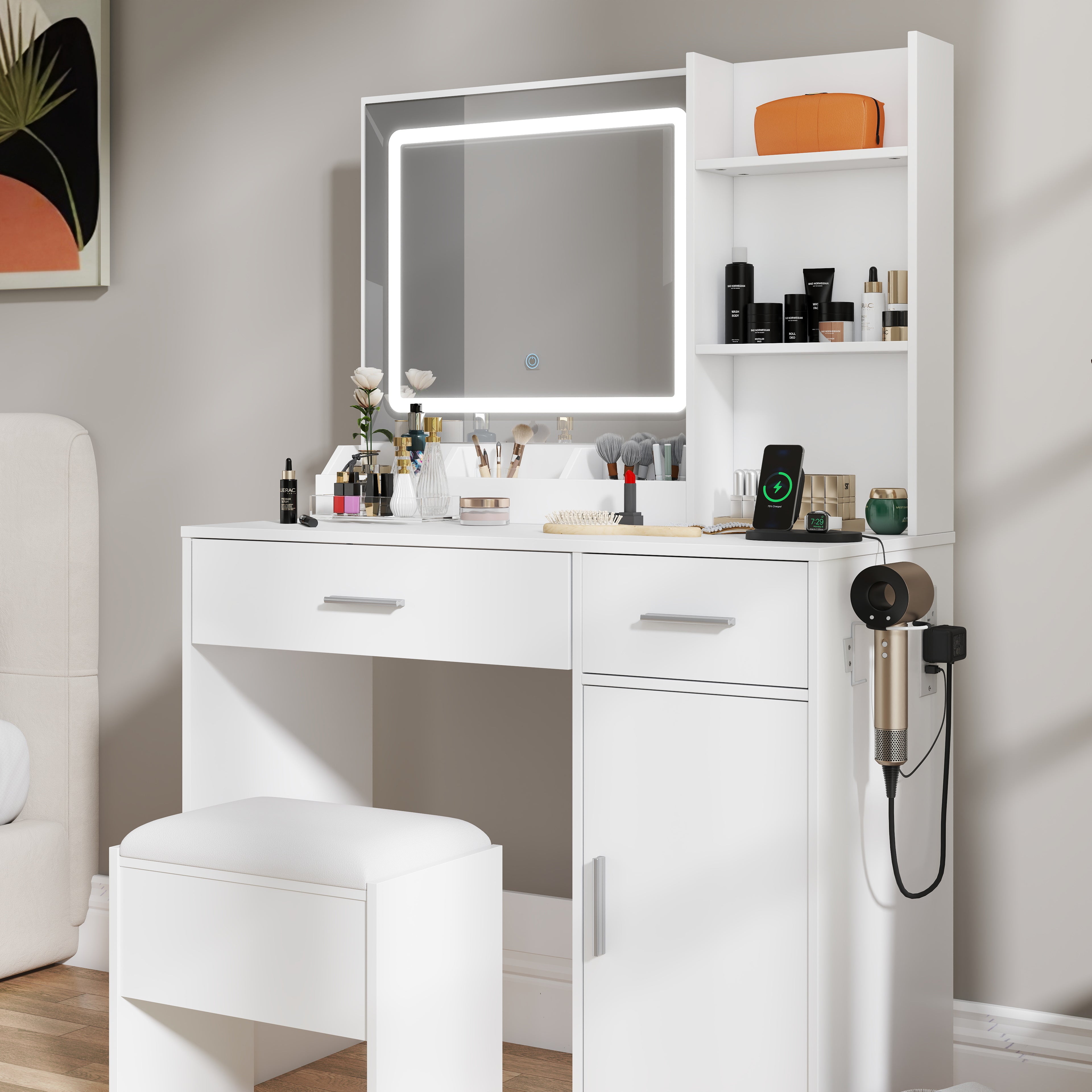 Roundhill Furniture Lavin Makeup Vanity Set with LED Light Mirror & Charging Station - White Vanity Desk & Stool for Bedroom, Dressing Room & Beauty Salon | Modern Makeup Table with Storage & USB Ports