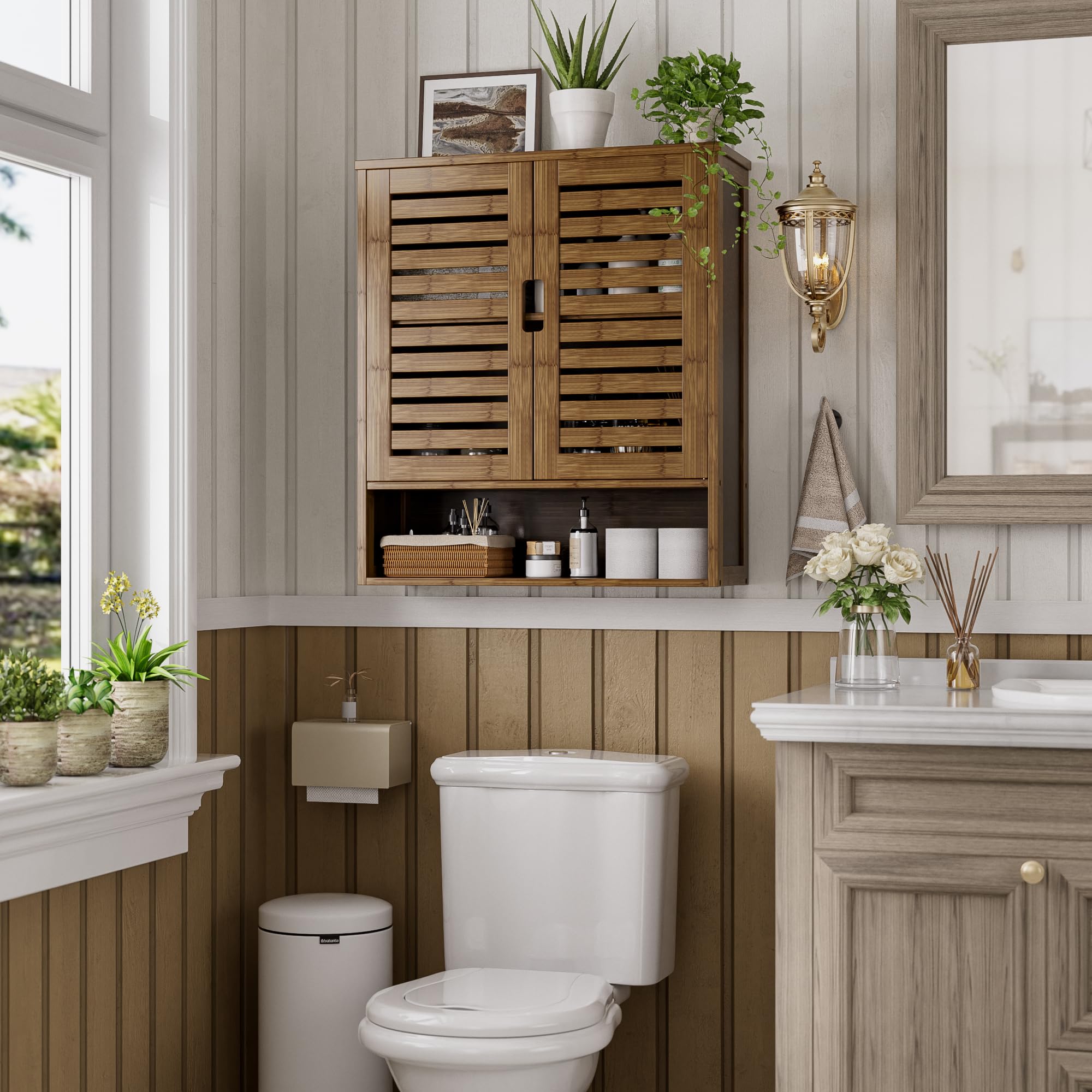 SMIBUY Wall Mounted Bamboo Bathroom Cabinet - Over The Toilet Storage Organizer with 2 Doors & Adjustable Shelves - Space Saving Medicine Cabinet for Bathroom Organization (Walnut) - Perfect for Small Bathrooms, Apartments and RV Living