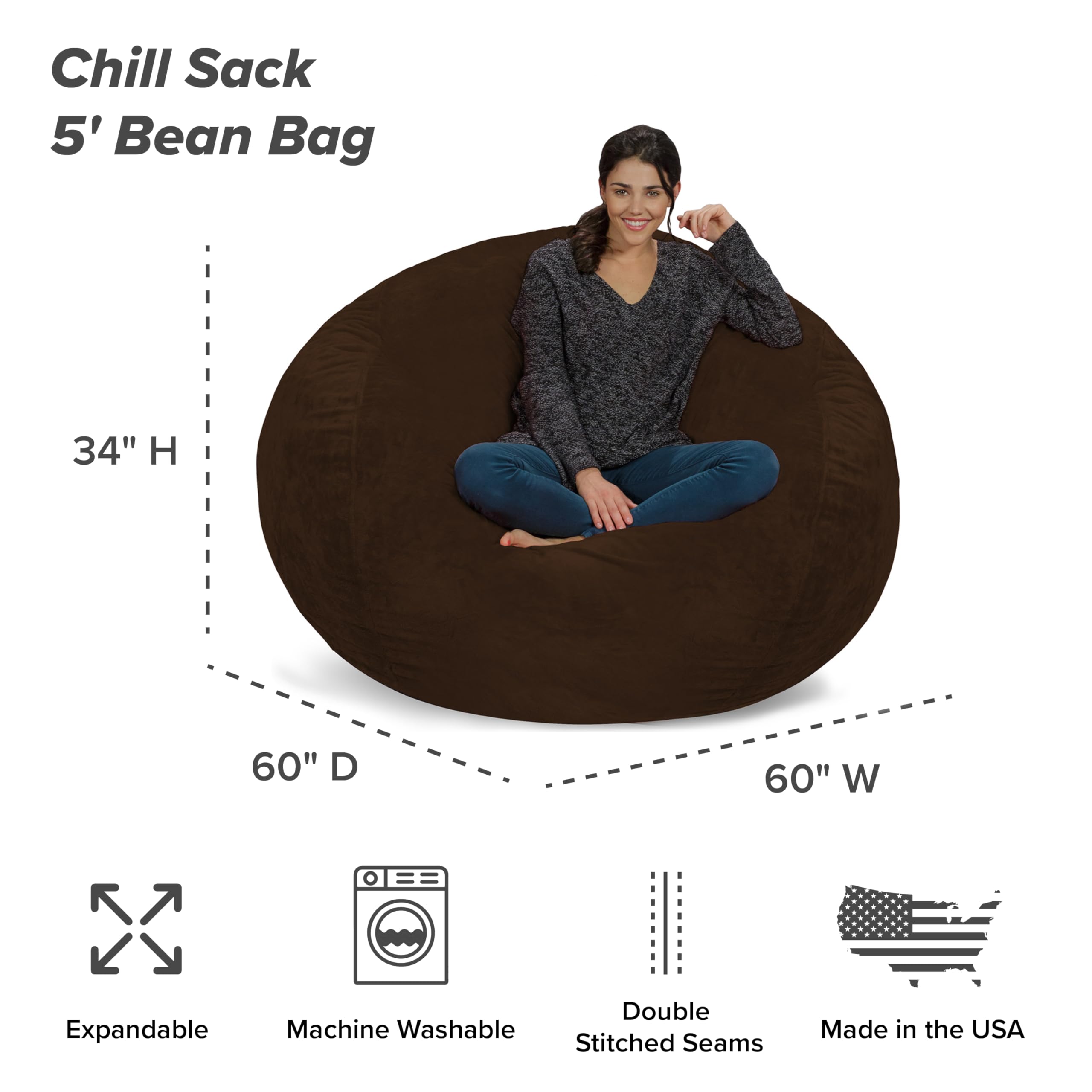 Chill Sack Giant 5-Foot Memory Foam Bean Bag Chair - Ultra Soft Microfiber Cover in Ultrafur Brown | Perfect for Living Rooms, Game Rooms & Dorm Lounging