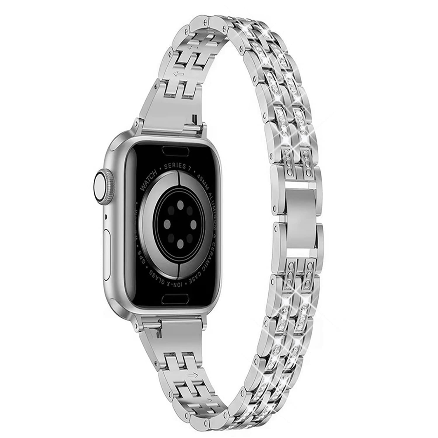 Stainless Steel Apple Watch Band for Women - Slim Bling Rhinestone Strap Compatible with 38mm/40mm/41mm/42mm/44mm/45mm Apple Watch Series 7/6/SE/5/4/3/2/1 - Elegant Accessory for Work, Gym & Special Occasions