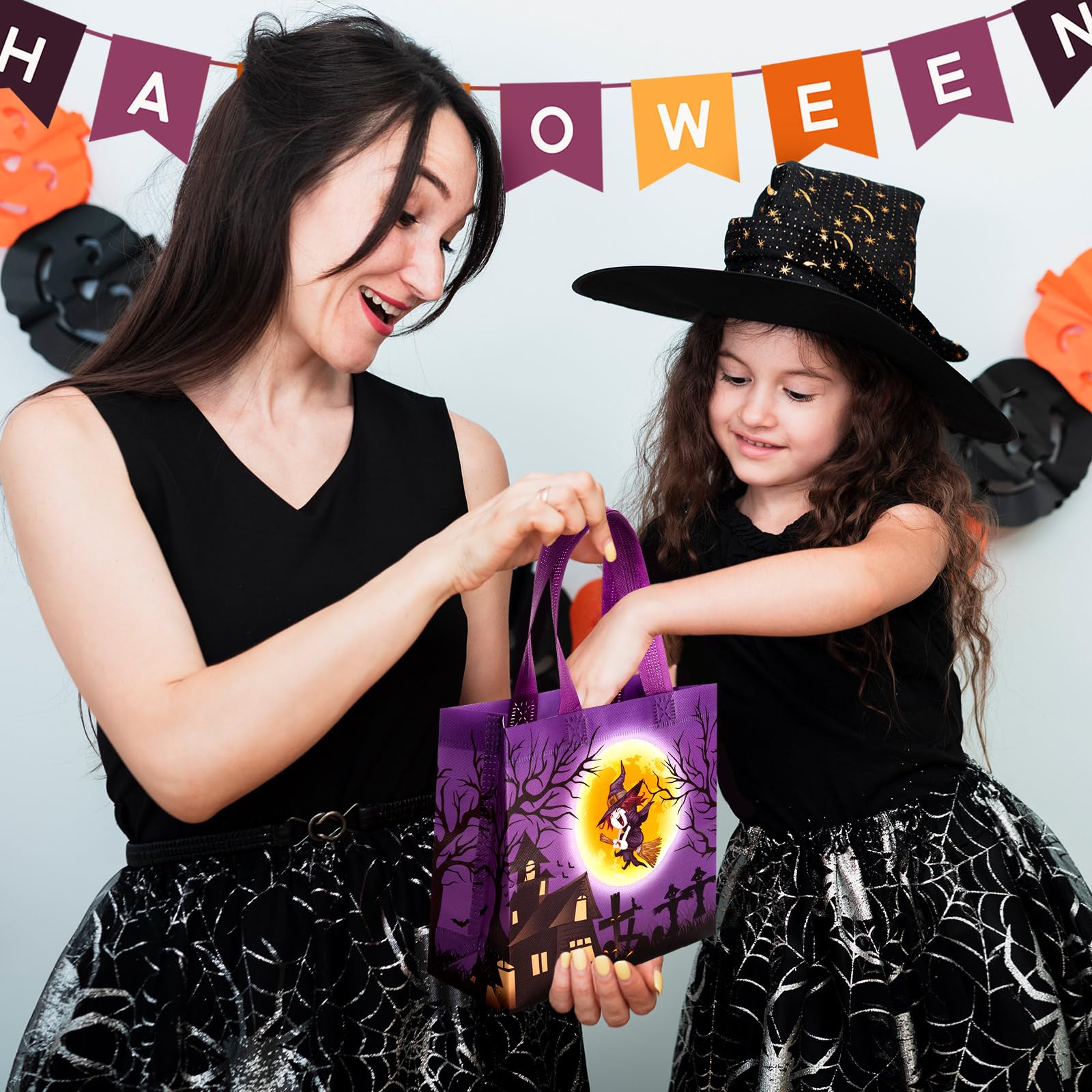 9-Piece Halloween Grab Bags with Handles - Reusable Trick or Treat Bags, Halloween Tote Bags for Kids & Adults, Durable Non-Woven Goodie Bags for Candy, Gifts & Party Favors (7.9