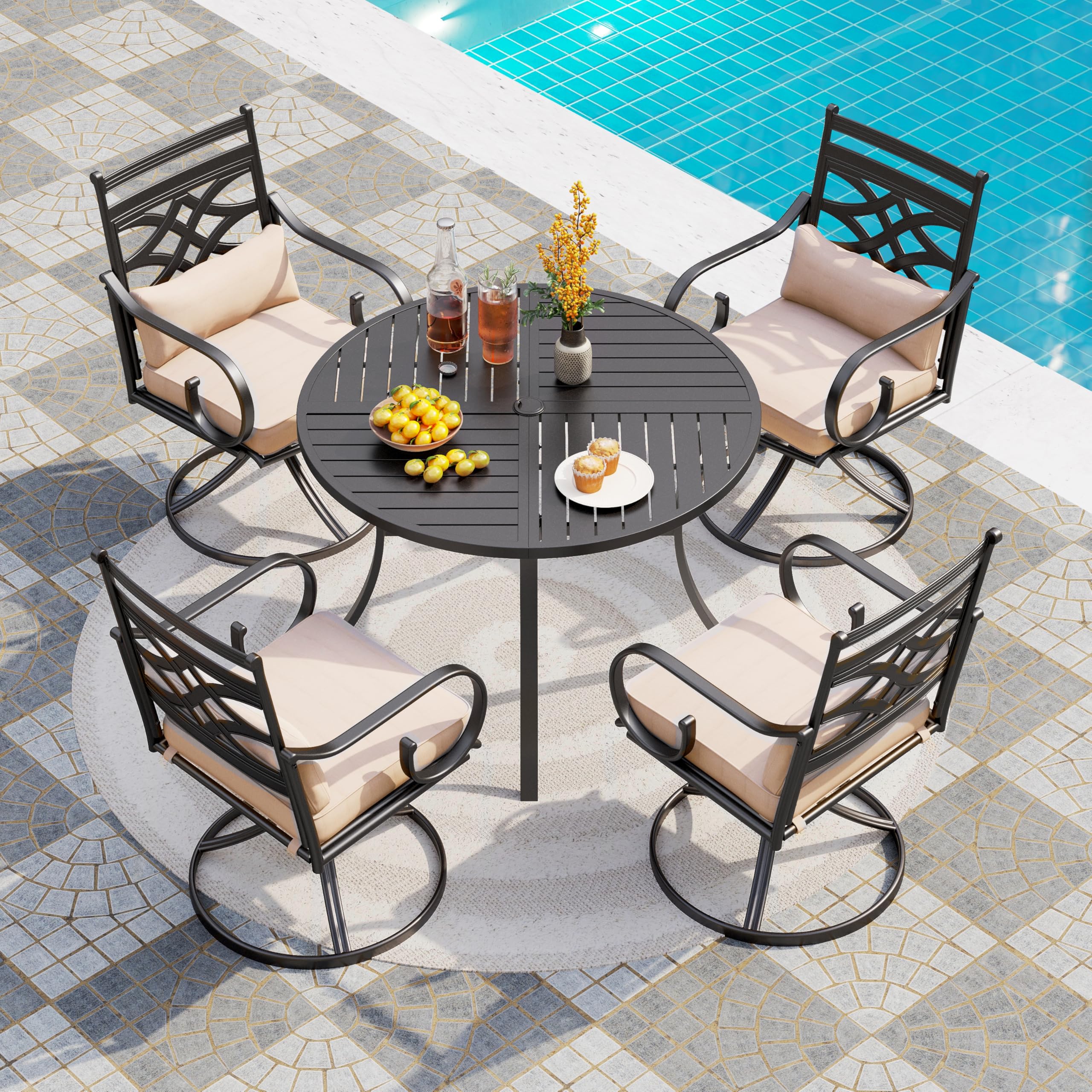PHI VILLA 5-Piece Outdoor Patio Dining Set with Swivel Chairs - Round Steel Table & Cushions for Garden, Deck, Lawn - Perfect for Backyard BBQs & Family Gatherings