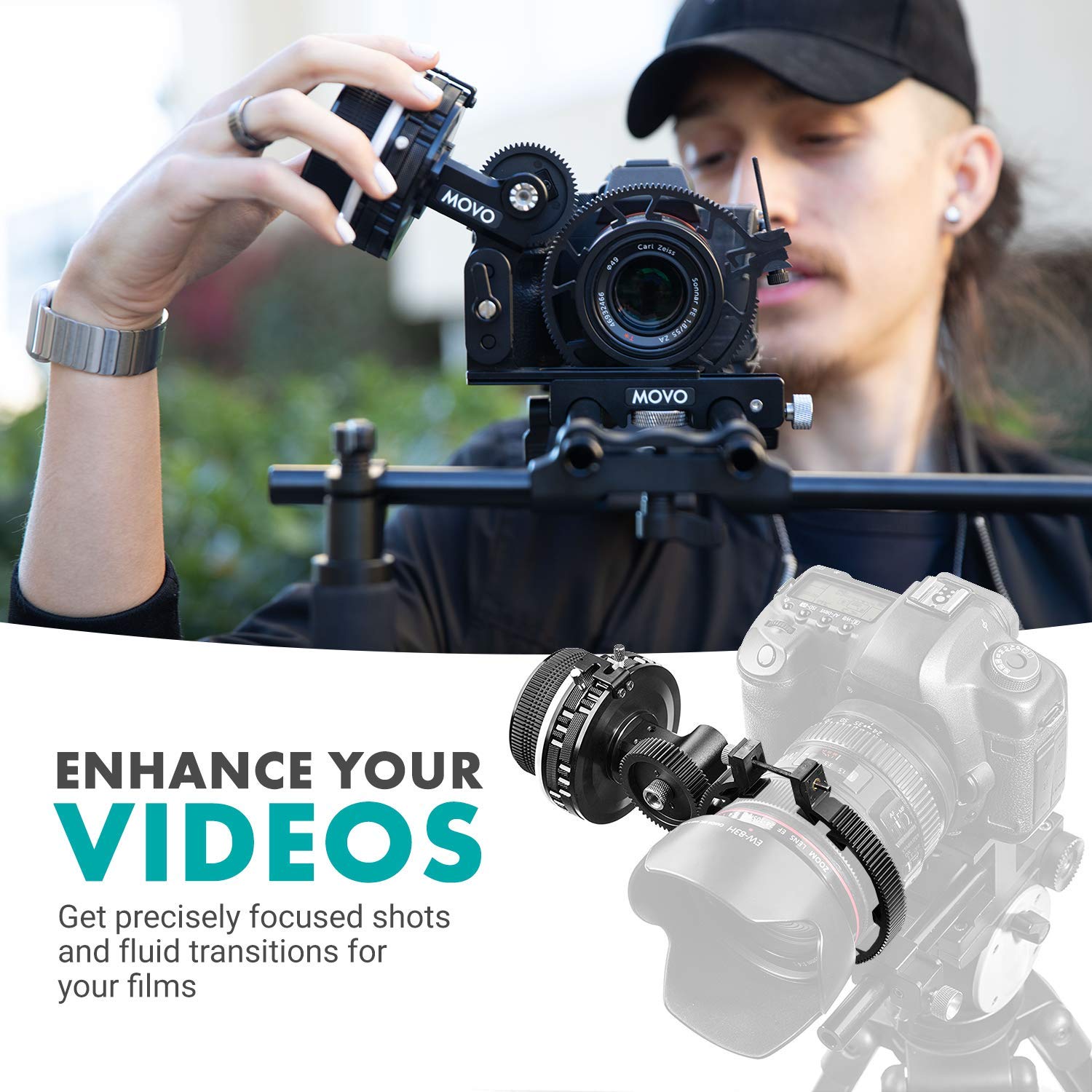 Movo F2X Precision Follow Focus System with Hard Stops - Adjustable 65mm, 75mm, 85mm Gear Rings for DSLR & Mirrorless Cameras - Ideal for Filmmaking, Videography & Professional Video Production