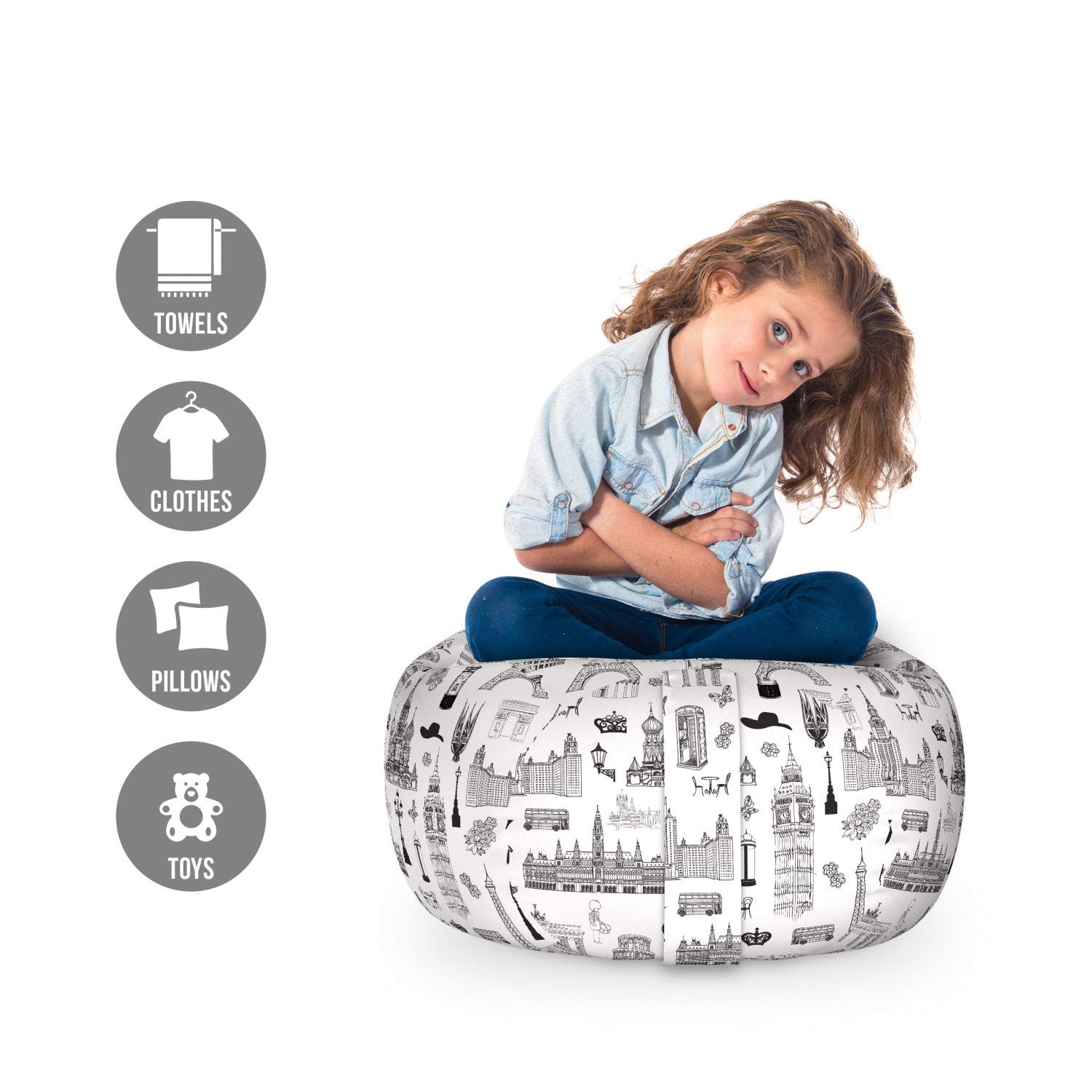 Ambesonne Europe Storage Toy Bag Chair - Travel Theme with Famous European Landmarks (England, France, Germany, Italy) - Washable Stuffed Animal Organizer - Small Size Black & White - Perfect for Kids' Room, Nursery, Travel & Toy Storage