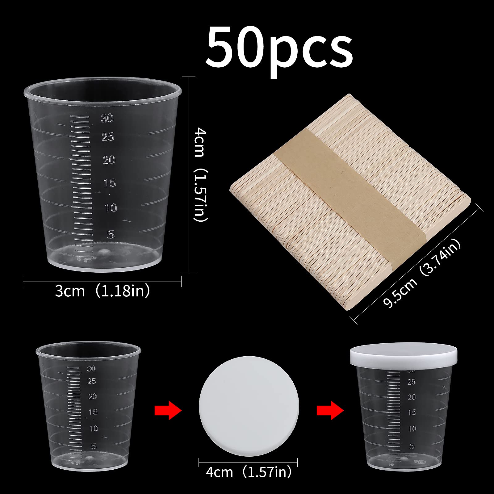 50 Pack 30ml Clear Plastic Measuring Cups with Lids & Wooden Stir Sticks - Reusable Graduated Mixing Cups for Cooking, Baking, DIY Crafts, Painting, Medication Measurement & Handmade Soap Making