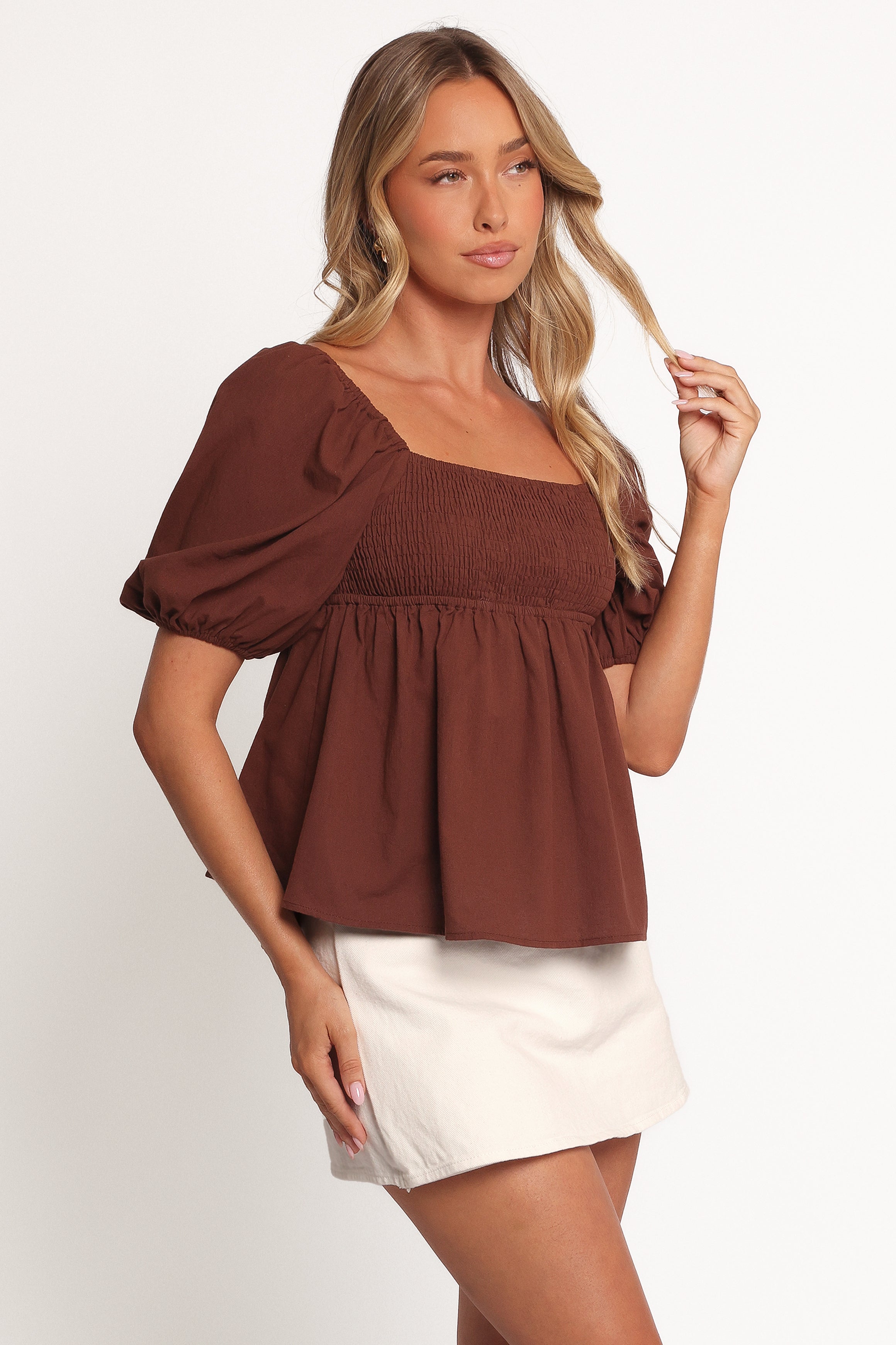 Jemima Women's Puff Sleeve Blouse in Chocolate Brown - Elegant Casual Top for Office, Date Night & Spring Outfits
