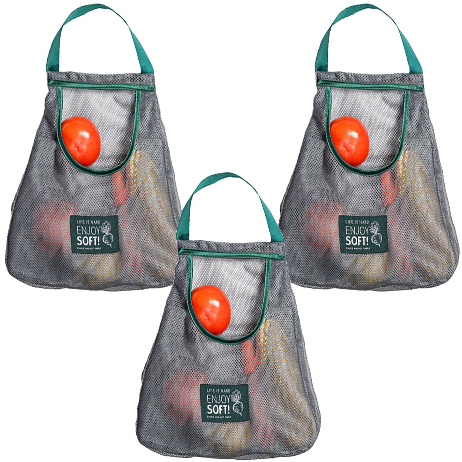 3pcs Reusable Hanging Mesh Produce Bags - Eco-Friendly Breathable Net Storage Bags for Fruits, Vegetables, Garlic, Onions, Potatoes - Perfect for Home Kitchen, RV, Camping & Grocery Shopping - Reduce Plastic Waste