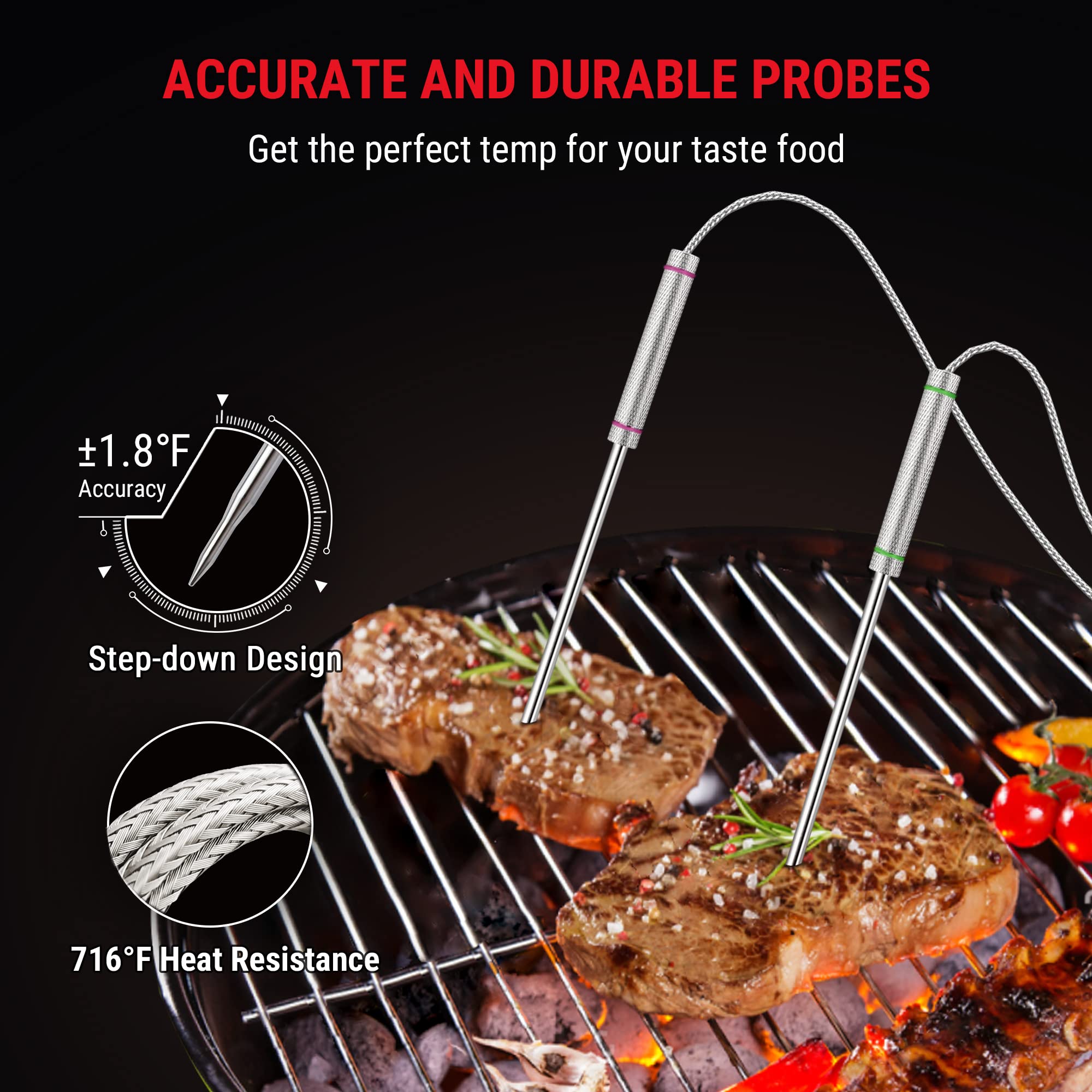 H29 Wireless Meat Thermometer with 4 Probes - 1000FT Range Digital BBQ Smoker Thermometer for Grilling, Smoking, Oven & Grill - Perfect for Backyard BBQ, Camping & Home Cooking