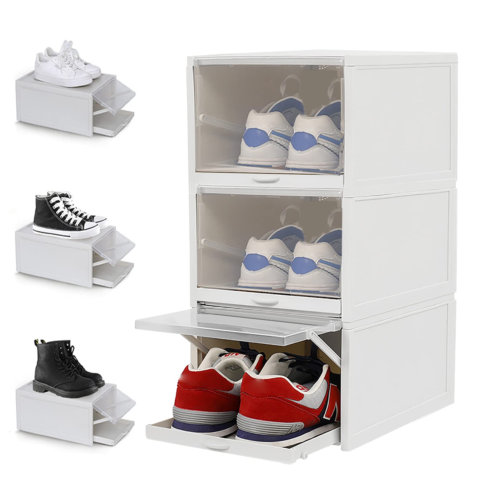3 Pack Clear Plastic Stackable Shoe Storage Boxes - Foldable Drawer Organizer Bins for Sneakers & Shoes | Space-Saving Closet & Underbed Storage Solution