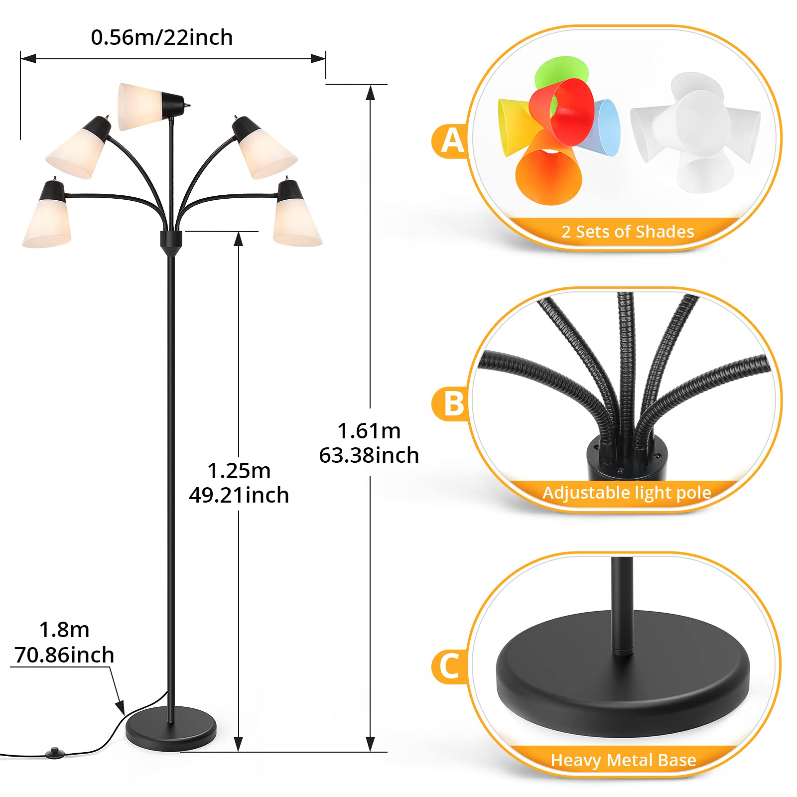 FOLKSMATE 5-Head LED Floor Lamp - Modern Adjustable Tall Standing Light with Rustic Black Finish for Living Room, Bedroom & Office Decor