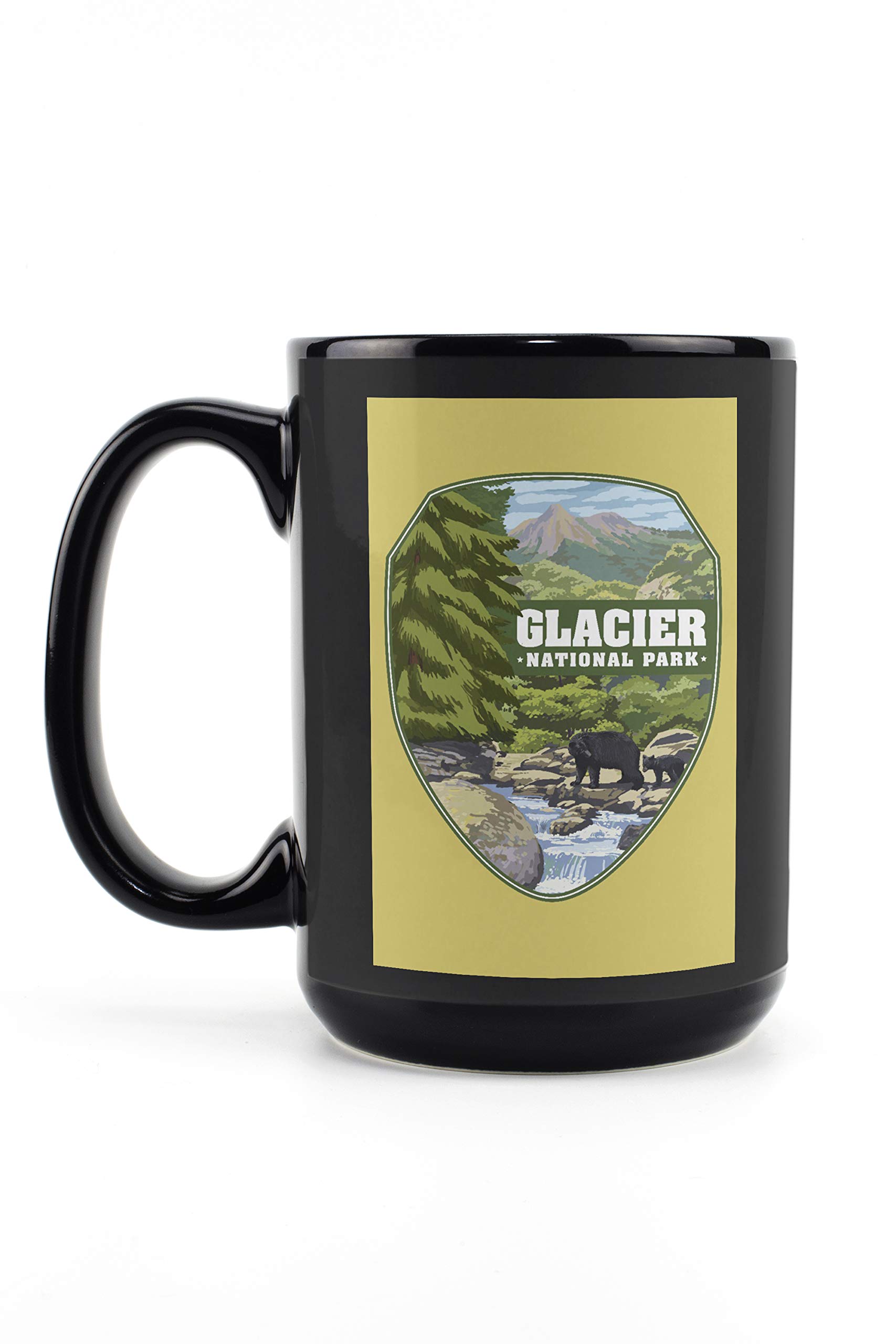 15oz Black Ceramic Coffee Mug - Glacier National Park Montana Black Bears & Stream Design - Dishwasher & Microwave Safe - Perfect for Home, Office & Camping Use