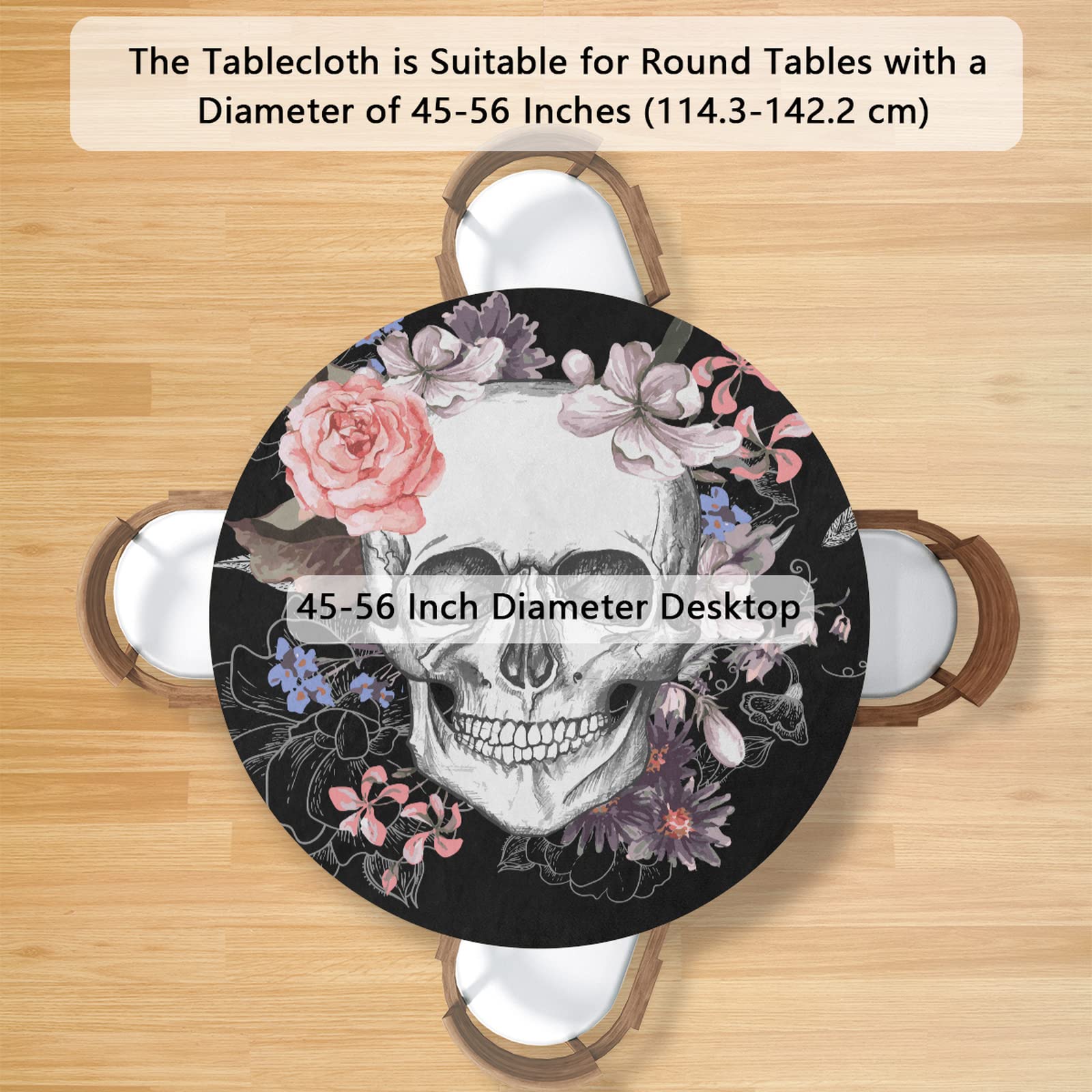 Day of the Dead Floral Round Tablecloth - Elastic Edge Fitted Table Cover, Waterproof & Wipeable, 45