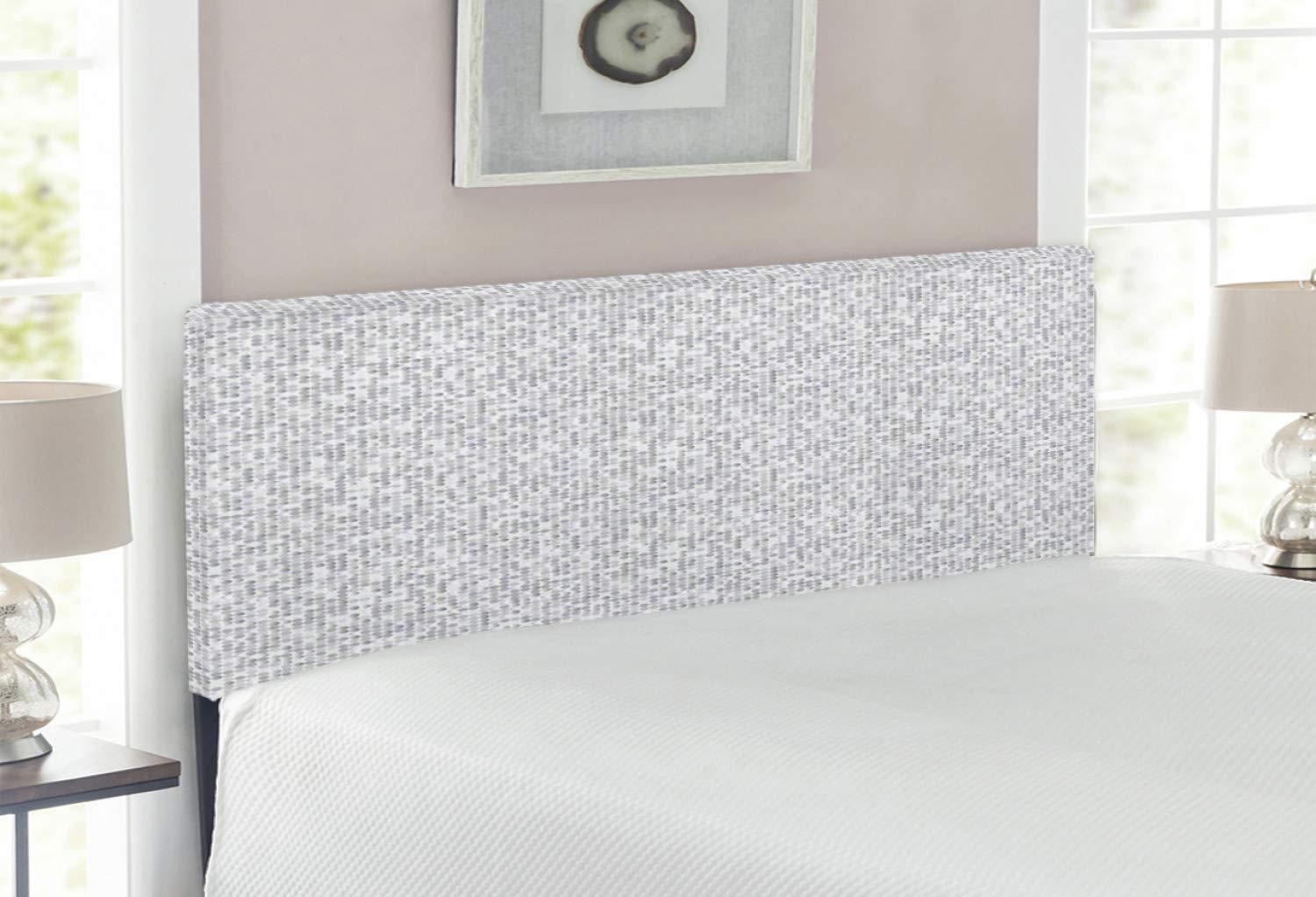 Lunarable Grey Abstract Upholstered Headboard - Symmetrical Small Circles Retro Halftone Design, Decorative Metal Bed Frame with Memory Foam (Full Size, Purple Grey White) for Modern Bedroom Decor