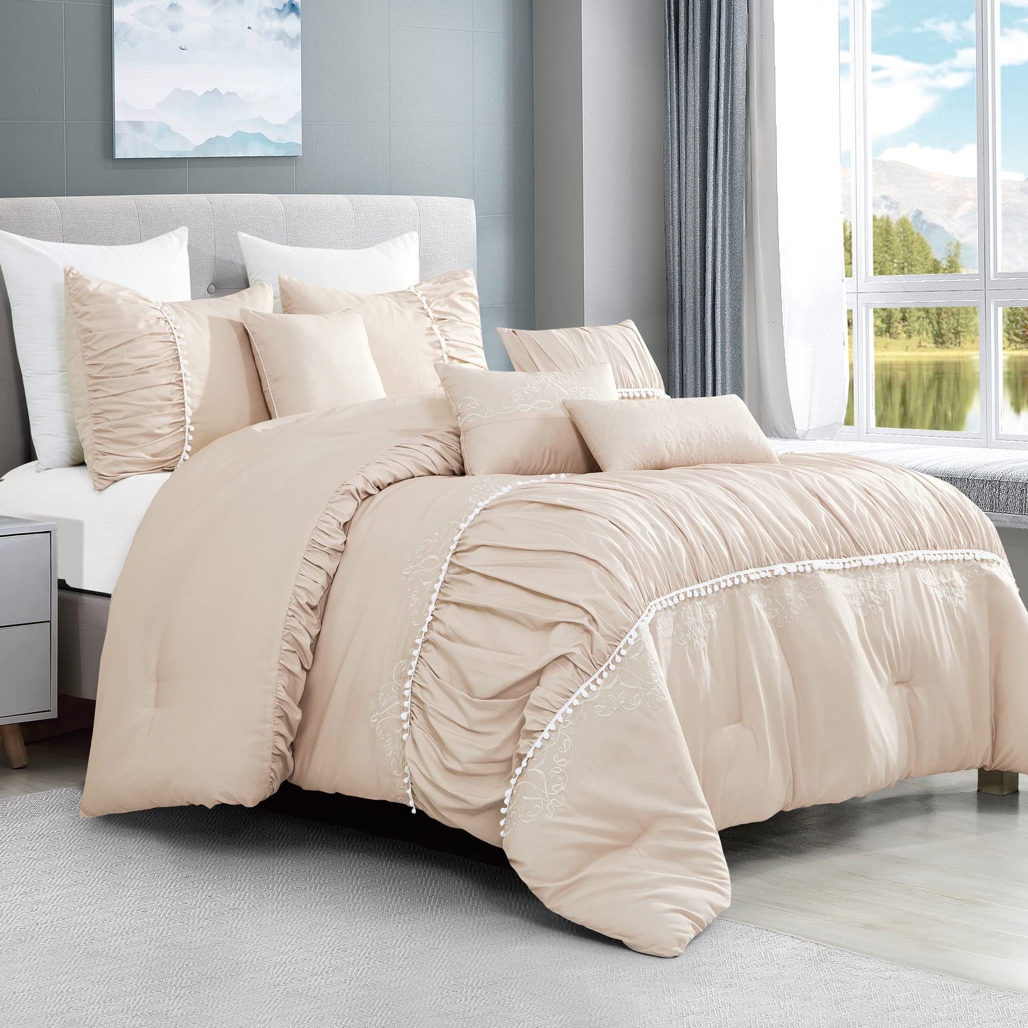 Luxury 7-Piece King/Cal-King Comforter Set with Shams & Cushions - Modern Damask Champagne Beige White Semi-Pleated Embroidery Pompoms Design - Bed in a Bag (22196V, Charnee) - Perfect for Master Bedroom Decor, Guest Room Upgrade & Luxury Hotel Style Bedding