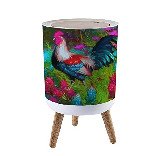 Colorful Rooster Floral Painting Small Trash Can with Lid - 1.8 Gallon Round Waste Bin, Press Cover Dog Proof Garbage Bin for Kitchen, Bathroom, Living Room | Perfect for Home Decor & Pet-Friendly Spaces