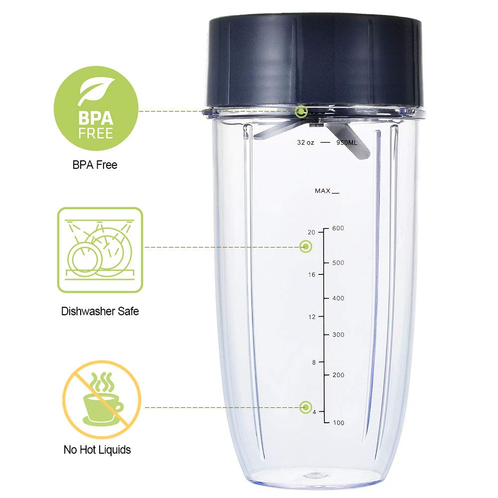 NutriBullet Replacement Parts - 32OZ Cups (2Pcs), Rubber Gaskets (2Pcs) & Extractor Blade - Compatible with NutriBullet 600W/900W Blenders - Perfect for Smoothies, Juicing & Food Prep (6 PCS Set)