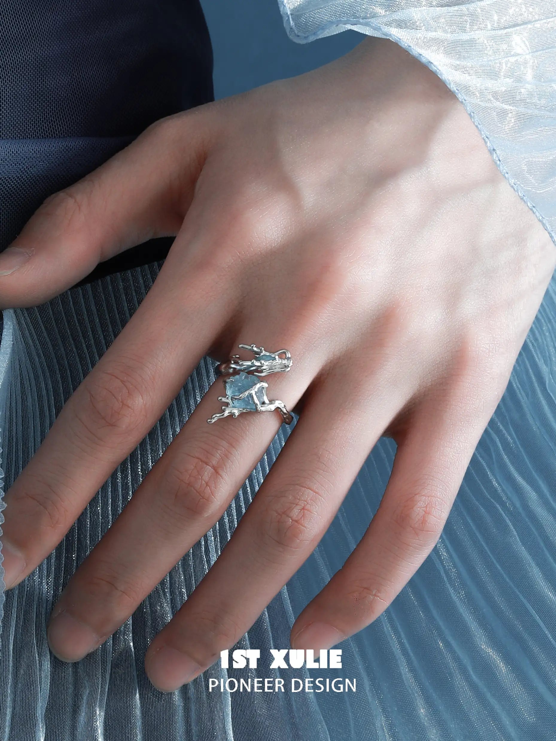 Loong Ling Loong Aquamarine S925 Sterling Silver Adjustable Open Ring for Women - Elegant Stackable Boho Jewelry Gift for Birthday, Anniversary & Everyday Wear