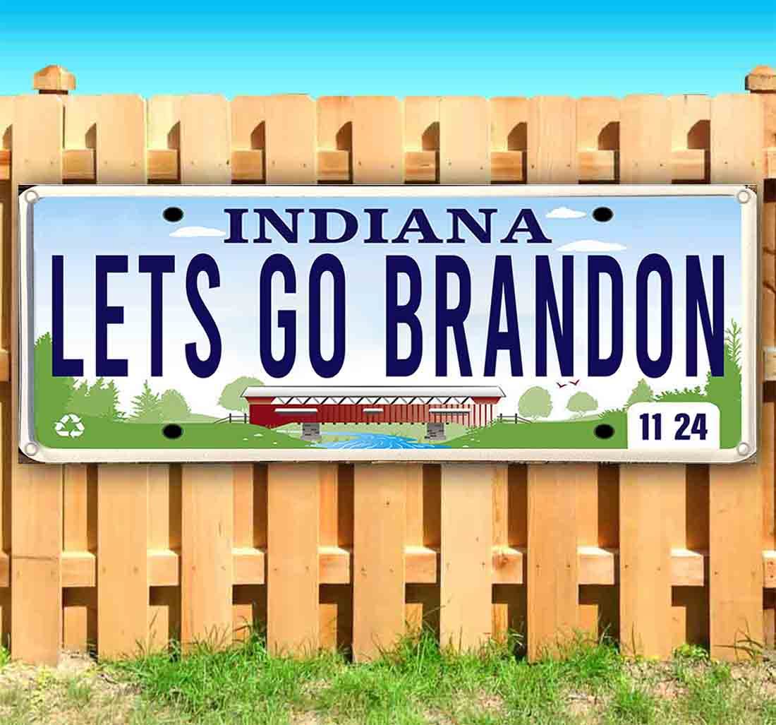 Lets Go Brandon Heavy-Duty Vinyl License Plate Banner - 13 oz Non-Fabric with Metal Grommets - Pro Trump Anti Biden MAGA Election Decor - Perfect for Cars, Trucks, Rallies & Political Events in Indiana USA