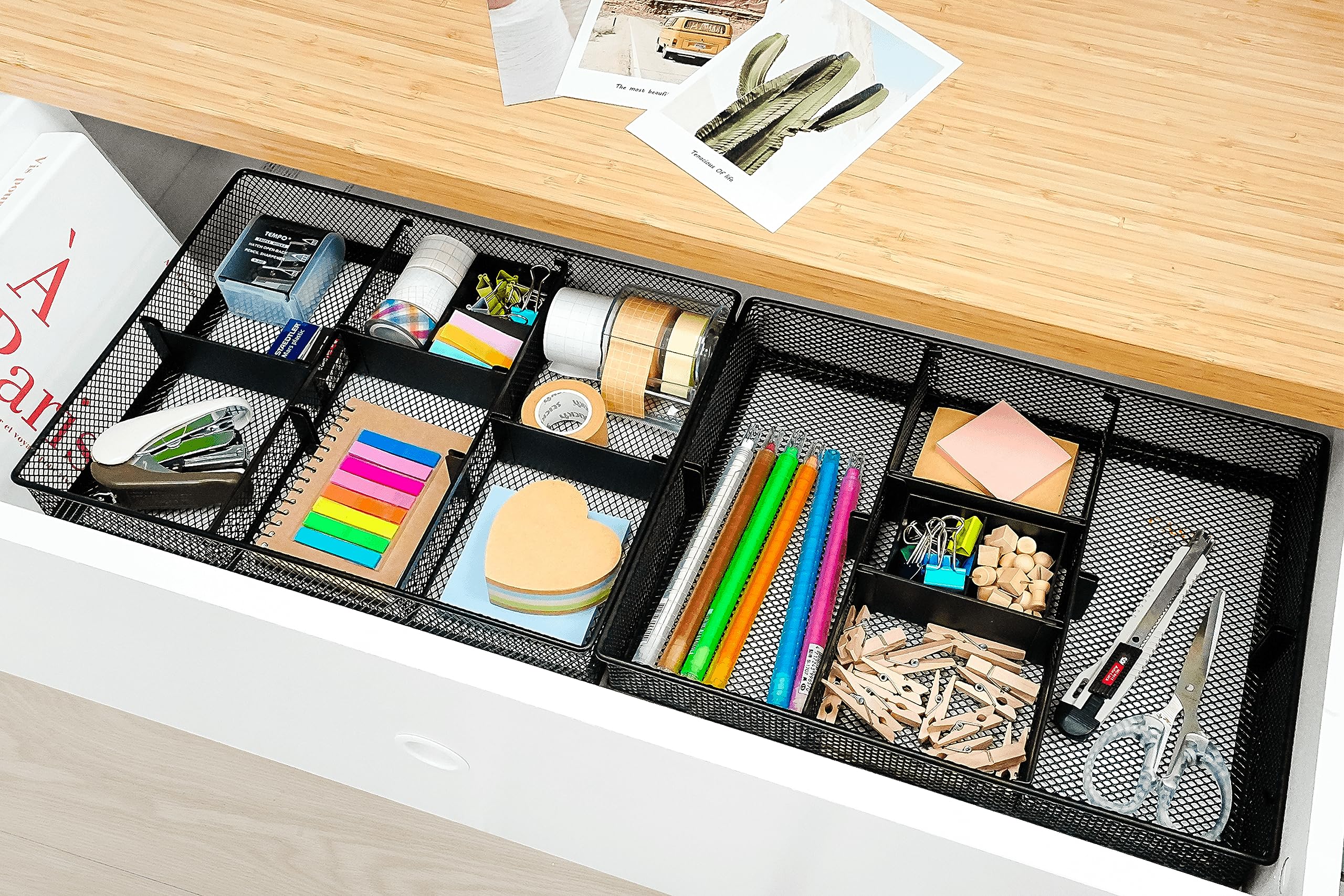 CAXXA Mesh 3-Slot Desk Drawer Organizer with 4 Adjustable Dividers - Black | Office Supplies Storage for Pens, Paper Clips & Small Items | Perfect for Home, Office & School Organization