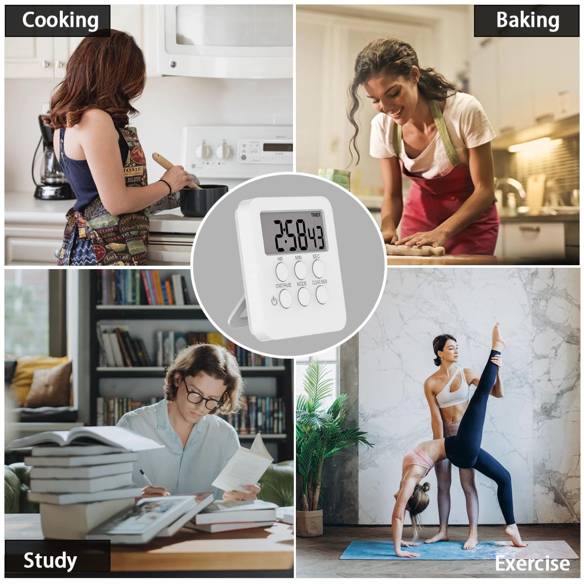 Magnetic Digital Kitchen Timer with Loud/Mute Alarm - 3-in-1 Count Up/Down Timer, Large LCD Display & Memory Function - Perfect for Cooking, Baking, Studying and Office Use (White)