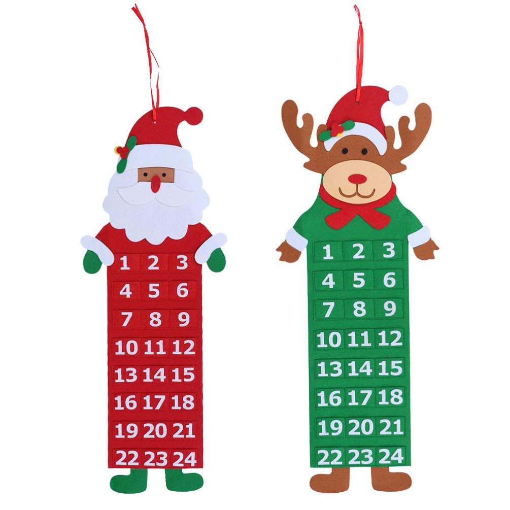 Amosfun 2-Piece Christmas Advent Calendar Set - Santa Claus & Reindeer Fabric Hanging Ornament for Xmas Countdown, Holiday Party Decorations | Perfect for Home Decor, Gift Exchanges & Festive Celebrations