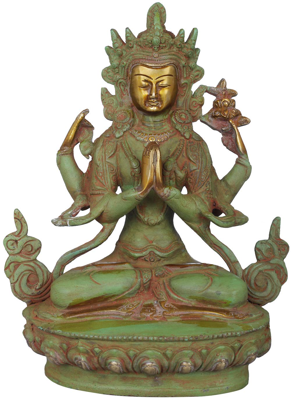 Exotic India Chenrezig (Shadakshari Lokeshvara) Tibetan Deity Brass Statue - Gold Patina Finish - Buddhist Altar Decor, Meditation Room Centerpiece, Spiritual Gift for Home & Office