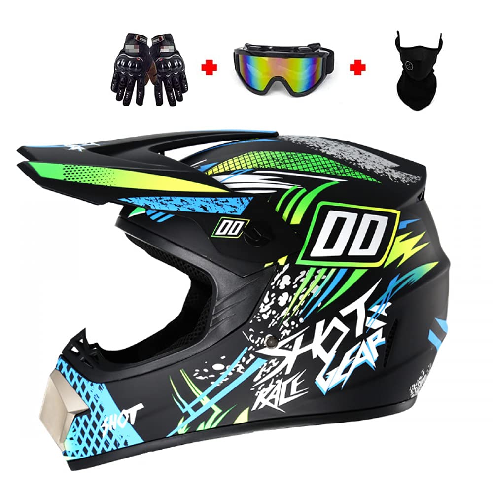 DOT Certified Full Face Motorcycle Helmet for Men & Women - Offroad Motocross ATV Dirt Bike Helmet with Mask, Goggles & Gloves - Ideal for Road Racing, Downhill & Adventure Riding