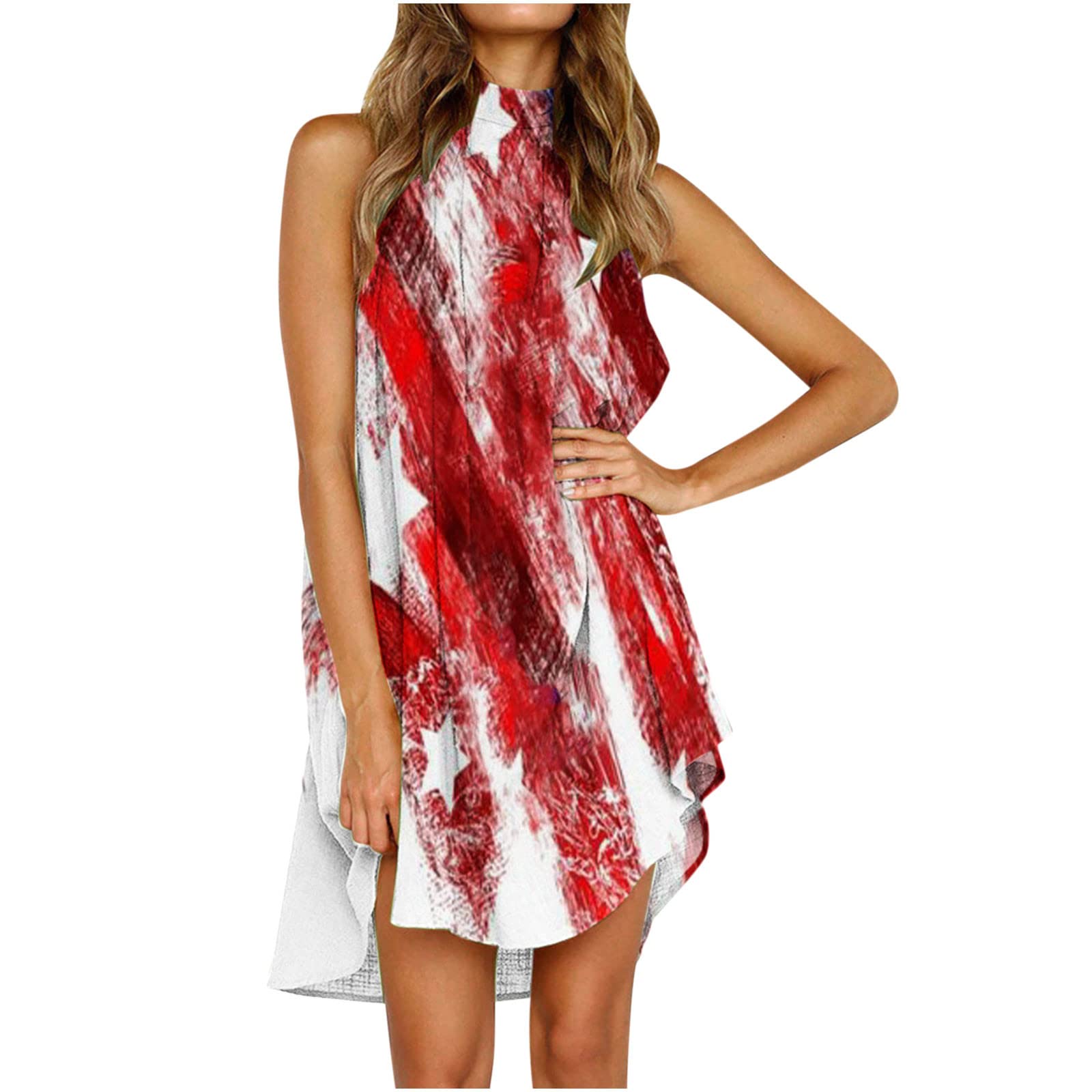 NaRHbrg Women's Summer Linen Halter Neck Sleeveless Mini Dress - Loose Tank Top Pleated Sundress for Beach, Vacation & Casual Outings