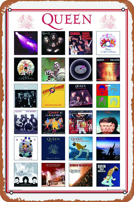 Vintage Queen Album Covers Metal Tin Sign - 12x8 Inch Retro Wall Art for Home, Bar & Cafe Decor - Perfect for Music Lovers, Man Cave & Rock Themed Rooms