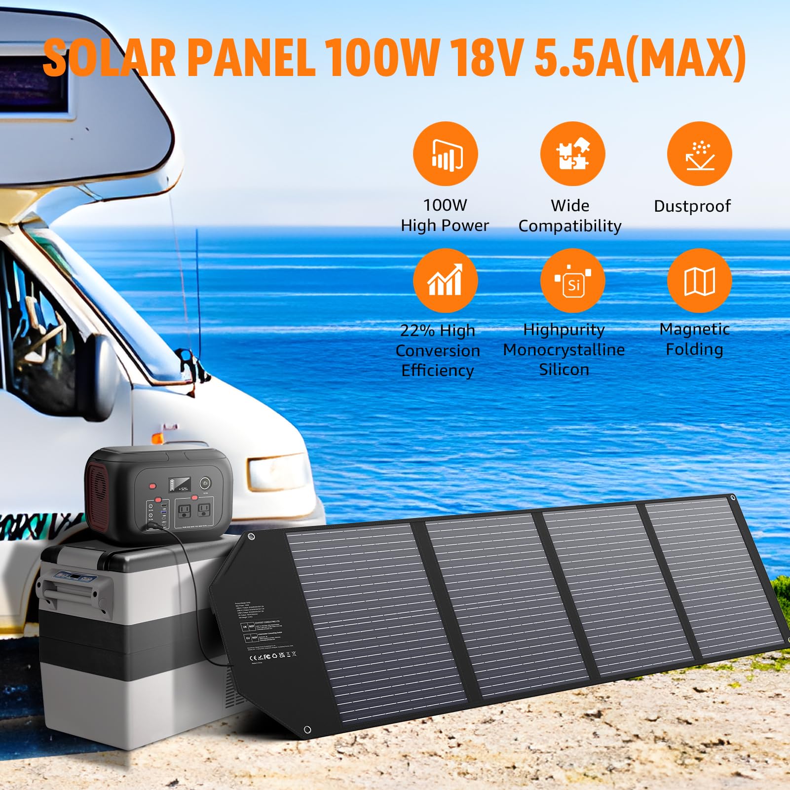 100W Portable Solar Panel with USB QC 3.0/USB-C/18V DC - Foldable Solar Charger for Power Stations, iPhones, Galaxy Phones & Tablets - IPX4 Waterproof for Camping, Hiking, RV Trips & Outdoor Adventures - Perfect for Emergency Power & Off-Grid Living