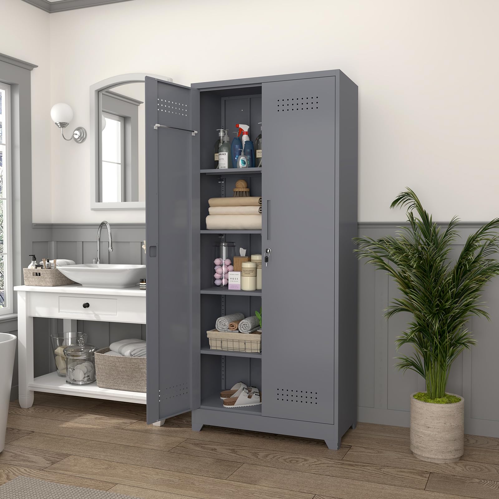 Metal Utility Storage Cabinet with Shelves - Broom Closet Organizer for Cleaning Tools, Laundry Room, Garage & Bathroom - Space-Saving Grey Cabinet for Home Organization