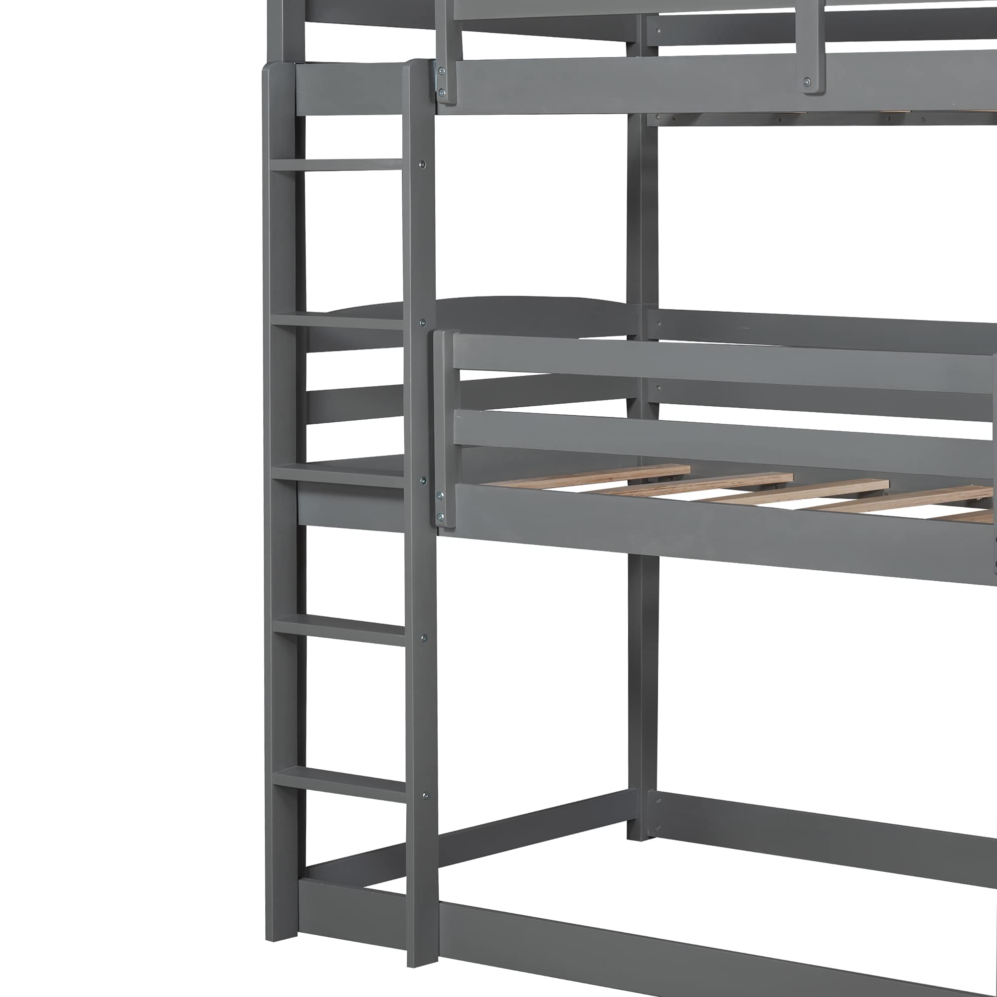Solid Wood Triple Bunk Bed for Kids - Twin Over Twin Over Twin Bunk Bed Frame with 2 Built-in Ladders & Safety Guardrail - Converts to Twin Bunk Beds or Loft Bed - Space Saving Kids Bedroom Furniture for Small Rooms, Shared Bedrooms & Vacation Homes (Gray)