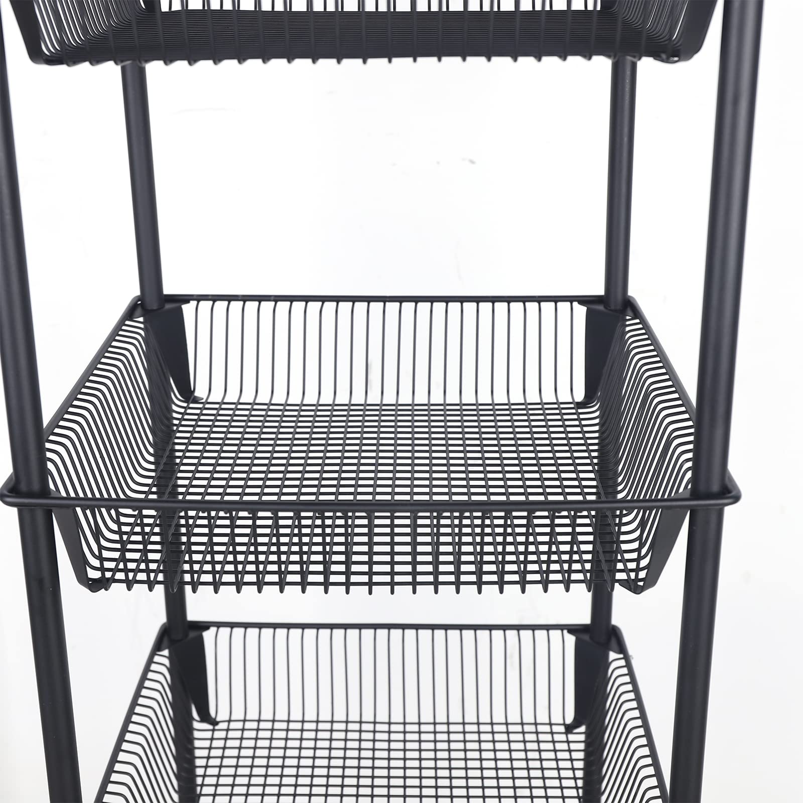 Metal Rolling Storage Cart with Lockable Wheels - Freestanding Kitchen Organizer for Fruits, Vegetables & More - Multifunctional Black Storage Shelf for Home, Office & Pantry Use
