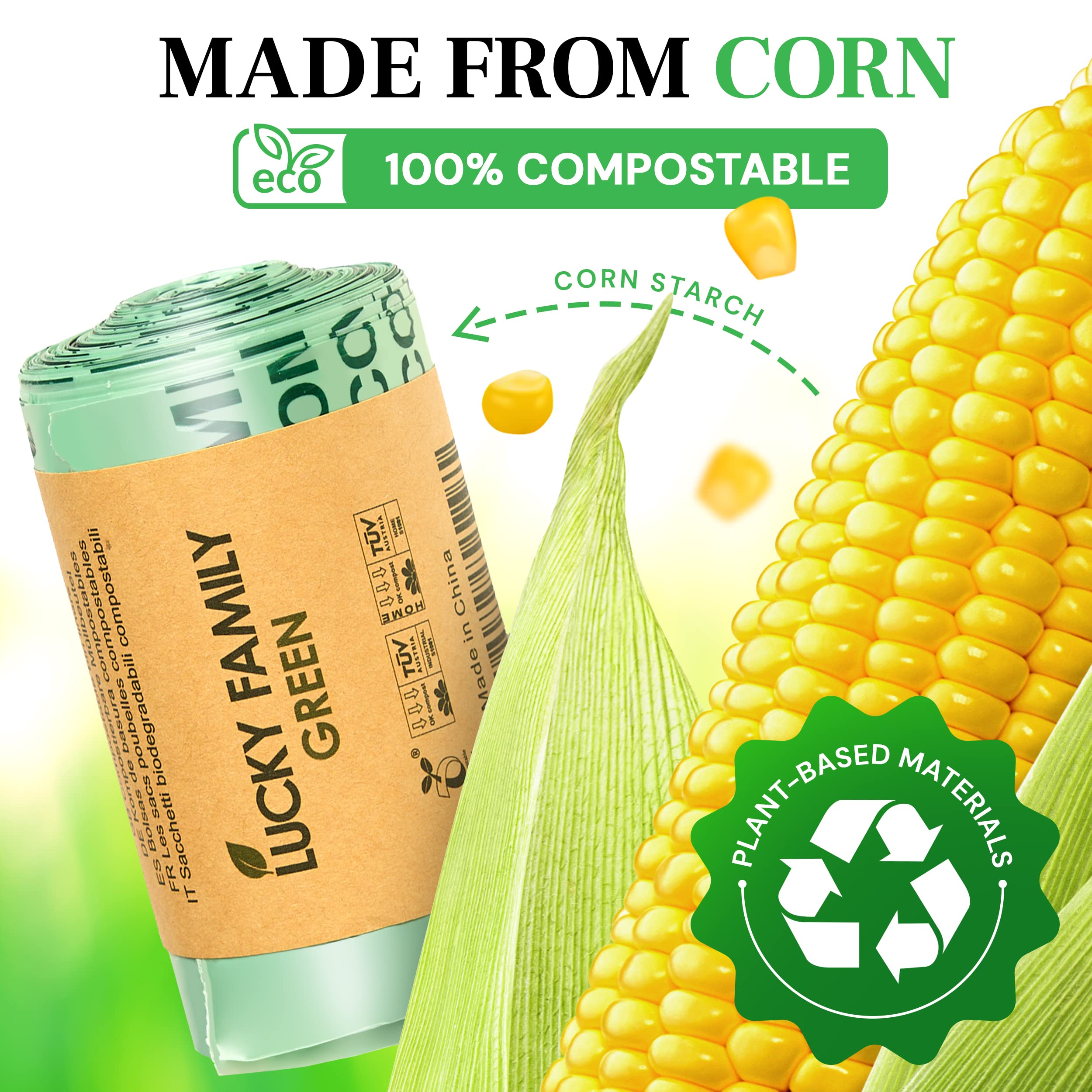 Lucky Family 13 Gallon Compostable Trash Bags - 100% Biodegradable & Eco-Friendly Kitchen Waste Bags for Food Scraps - 25 Count Roll - Perfect for Countertop Compost Bins, Organic Waste Disposal & Sustainable Living
