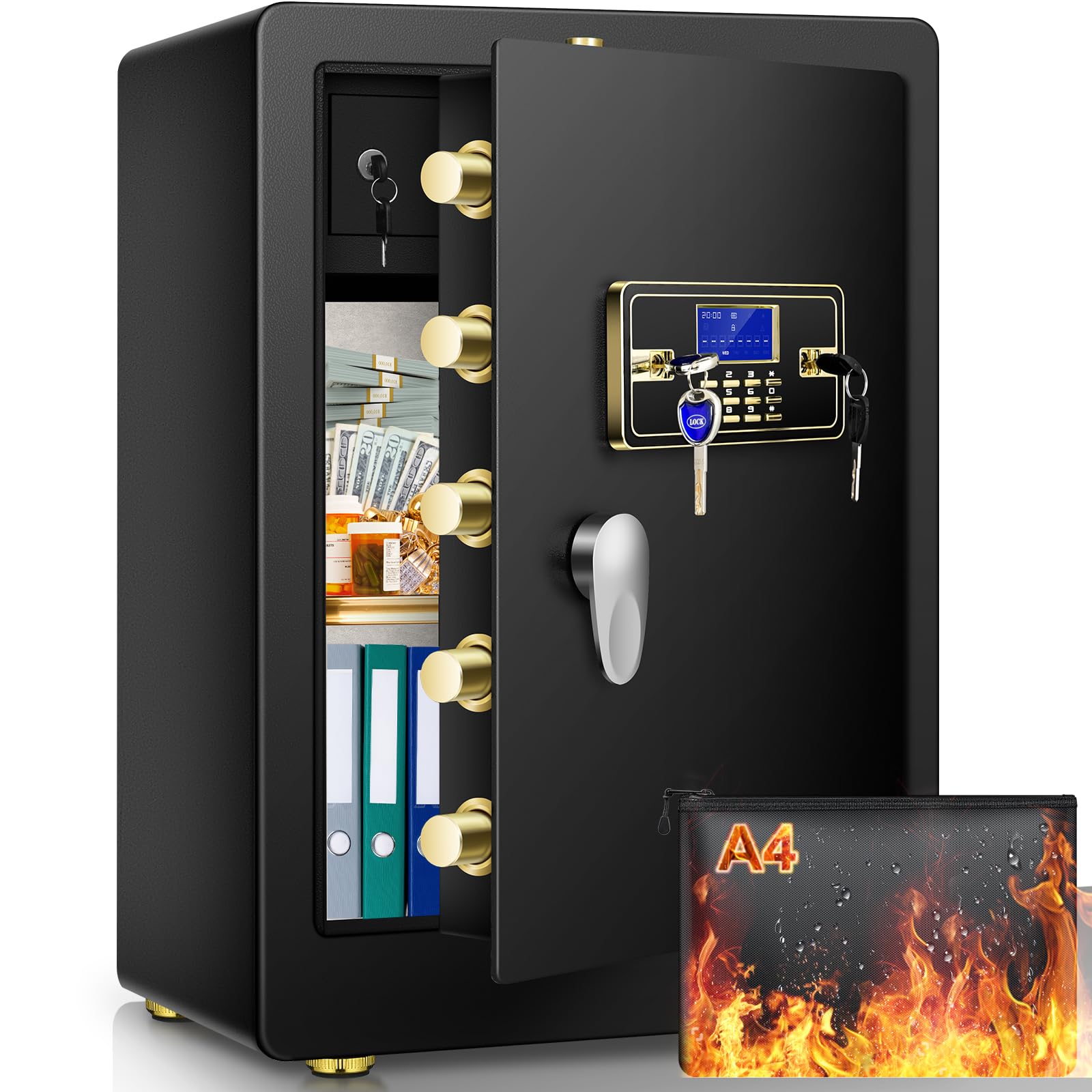 5.3 CuFt Fireproof Waterproof Digital Safe Box - Heavy Duty Home Security Safe with Programmable Keypad, Inner Lock Box & Fireproof Bag - Secure Documents, Firearms, Medicine & Valuables - Ideal for Home, Office & Business Use