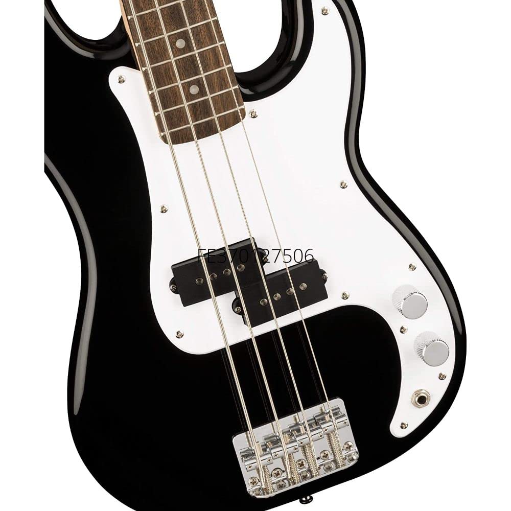 Squier by Fender Mini Precision Bass Guitar - Laurel Fingerboard, Black Finish with 10ft Instrument Cable, 12-Pack Guitar Picks & 2