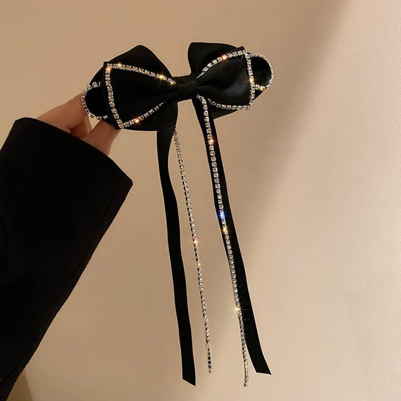 FAMEZA Large Rhinestone Bow Hair Clip with Tassel - Elegant French Design Barrettes for Women & Girls (Black) | Perfect for Weddings, Parties & Everyday Fashion Accessories