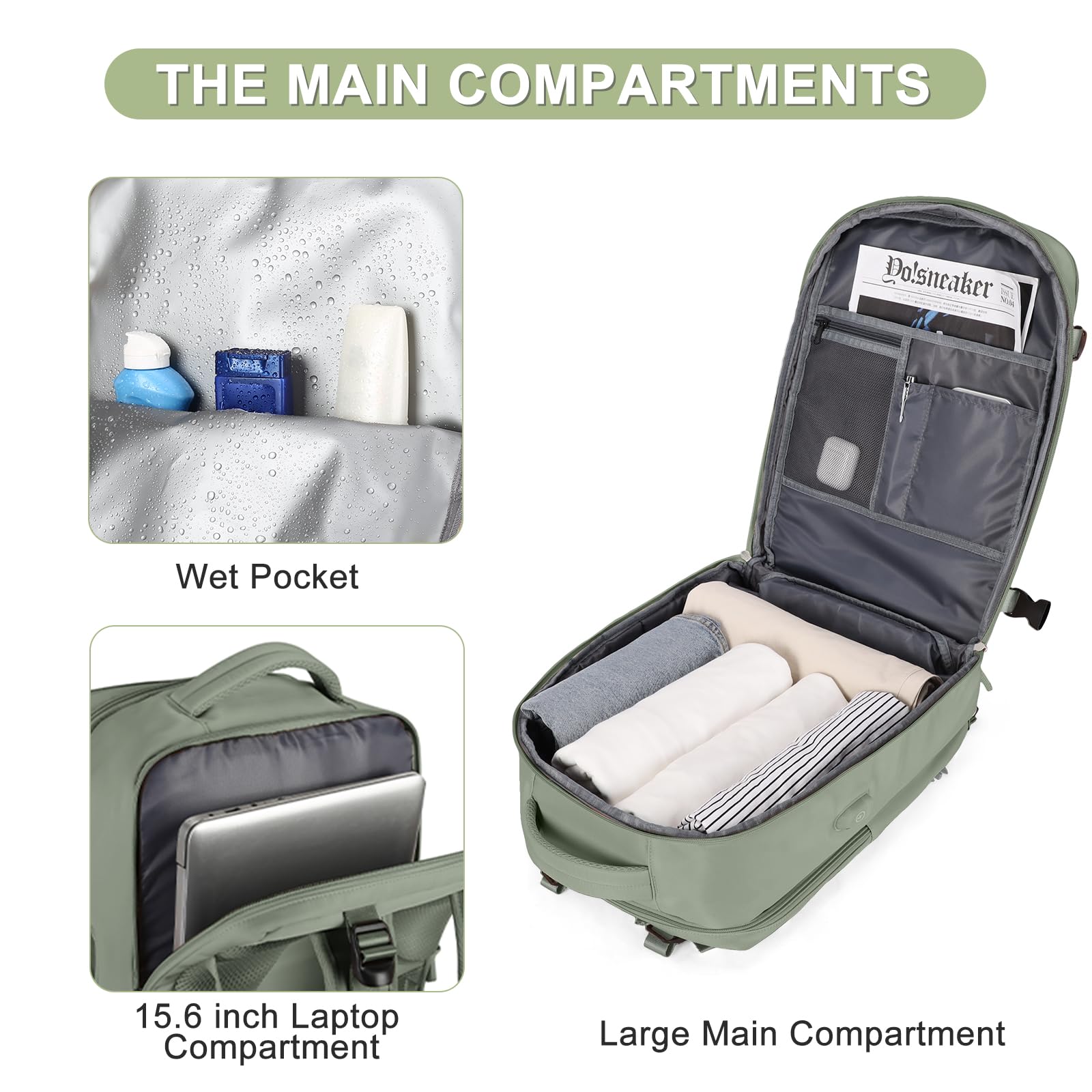 Coofay Airline Approved Carry On Backpack for Women & Men - Waterproof Travel Backpack, Lightweight Hiking Daypack, Casual Sports Luggage (Grey Green) - Perfect for Flights, Commuting, Outdoor Adventures & Daily Use