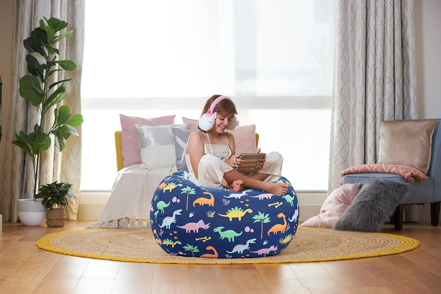 Dinosaur Stuffed Animal Storage Bean Bag Chair Cover for Kids - Organize Toddler & Kids' Room Toys | Plush Toy Organizer for Playroom, Bedroom & Nursery