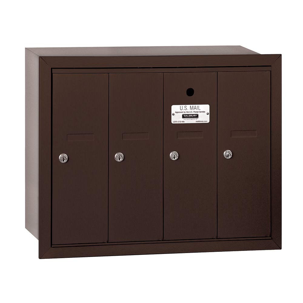 Salsbury Industries 3504ZRU Recessed Mount Vertical Mailbox with USPS Access - 4 Door Bronze Mailbox for Home & Business Use - Secure Mail Collection Solution for Apartments, Offices & Residential Areas