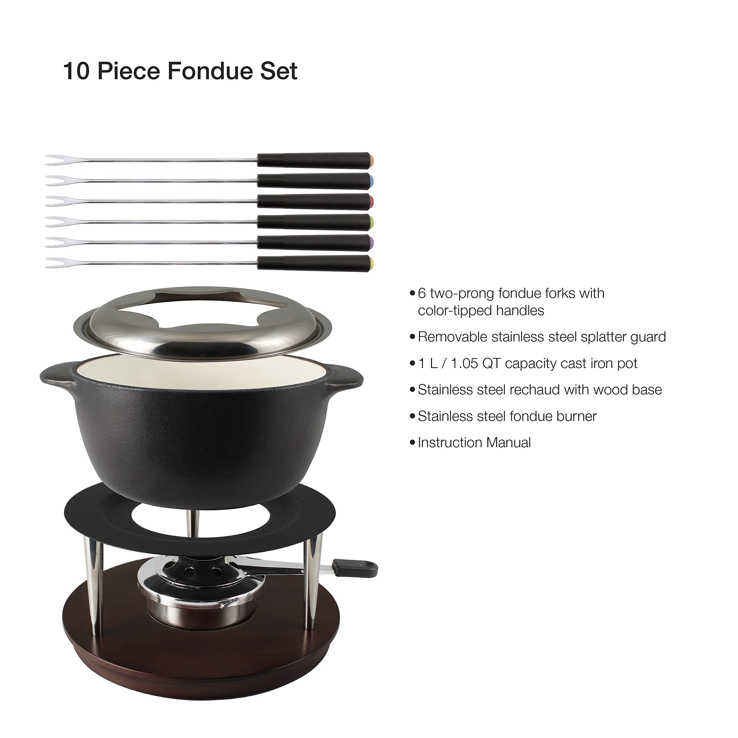 Premium Swissmar Summit 10-Piece Matte Black Cast Iron Fondue Set - Perfect for Cheese, Chocolate & Butter Melting - Elegant Kitchen Essential & Wedding Gift - 1L/1.05Qt Capacity - Great for Dinner Parties, Romantic Dates & Family Gatherings