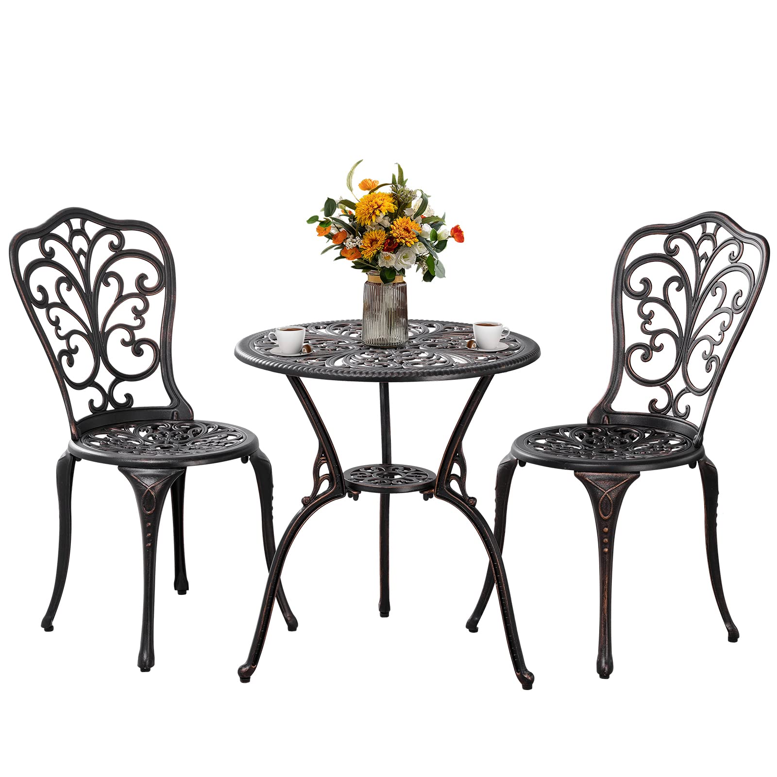 Outdoor Bistro Set 3-Piece Patio Furniture with Umbrella Hole - Weather-Resistant Bronze Bistro Table and 2 Chairs for Garden, Porch, Deck & Backyard Dining