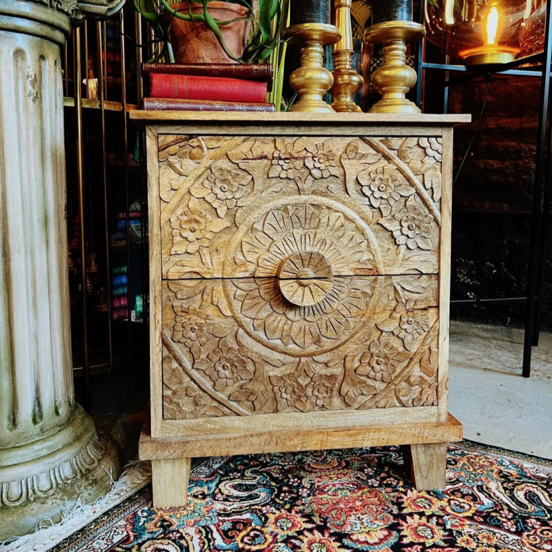 Handmade Floral Design Solid Wood Nightstand - Elegant Bedroom Furniture for Home Decor & Storage