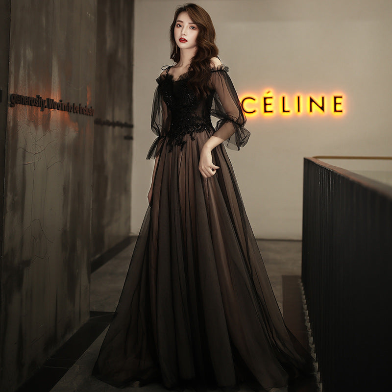Elegant Black Off-Shoulder Long Prom Dress - A-Line Tulle Evening Gown for Formal Events & Special Occasions | Perfect for Homecoming, Wedding Guest & Red Carpet