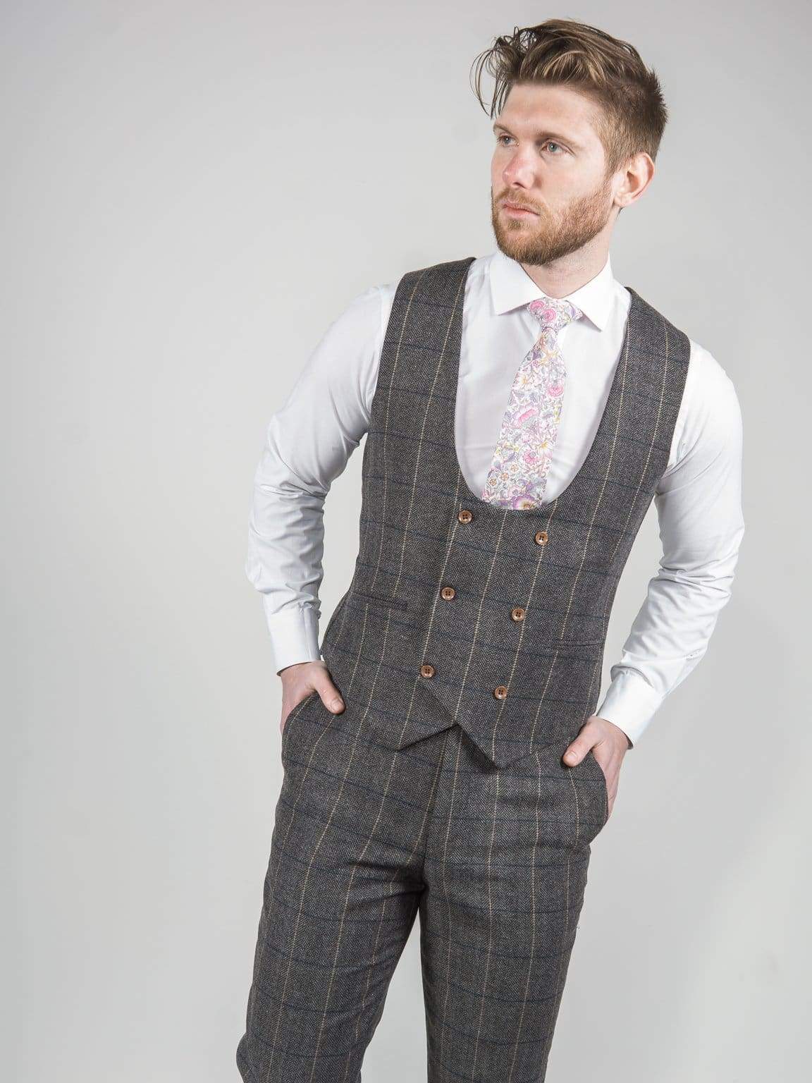 Ezra Men's Grey Herringbone Slim Fit Tweed Waistcoat Vest - Formal & Casual Wear for Weddings, Office & Special Occasions
