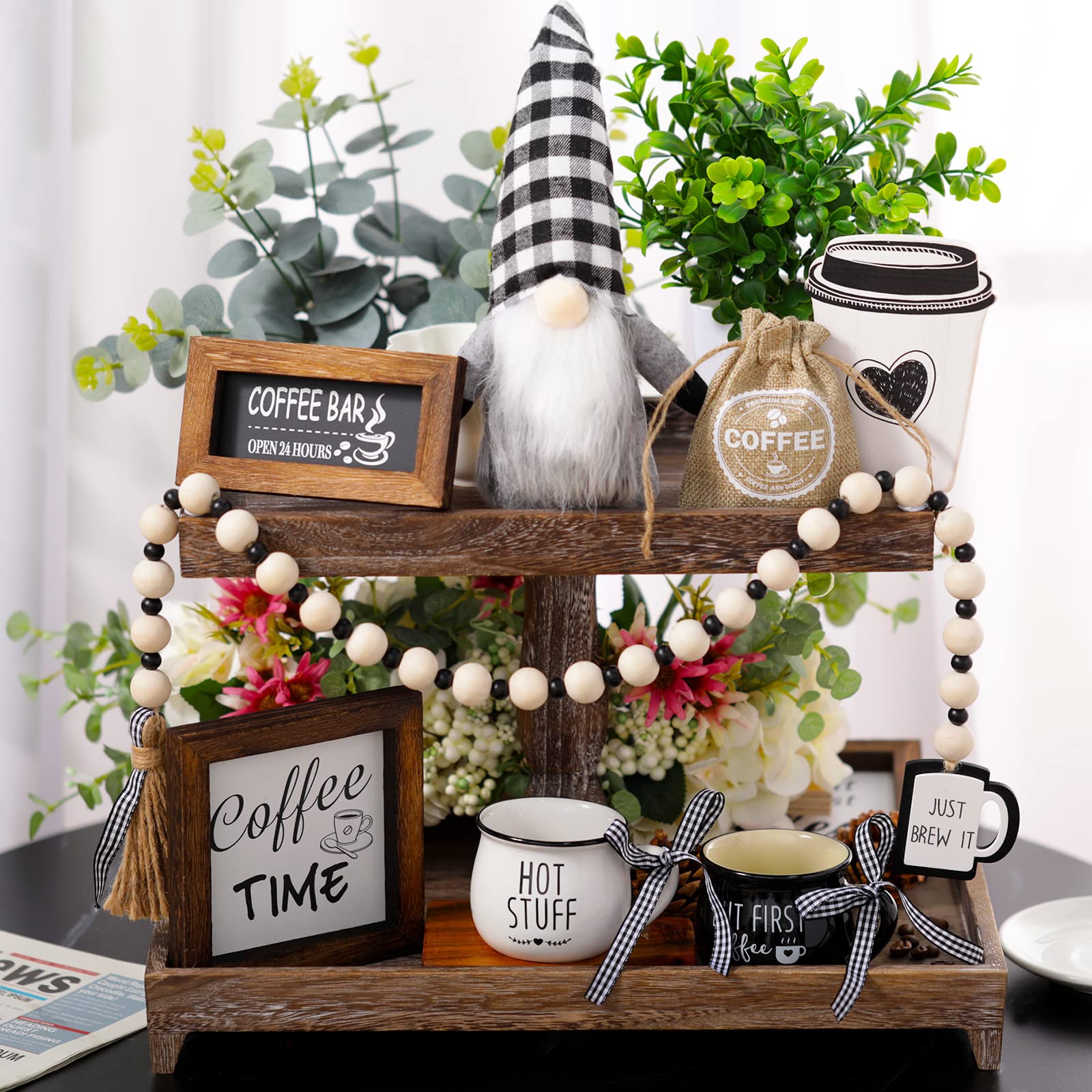 8-Piece Coffee Bar Decor Set - Farmhouse Tiered Tray Decorations with Wooden Coffee Signs, Mini Mugs & Bead Garland | Rustic Kitchen Table & Coffee Station Decor for Home, Cafe, and Office