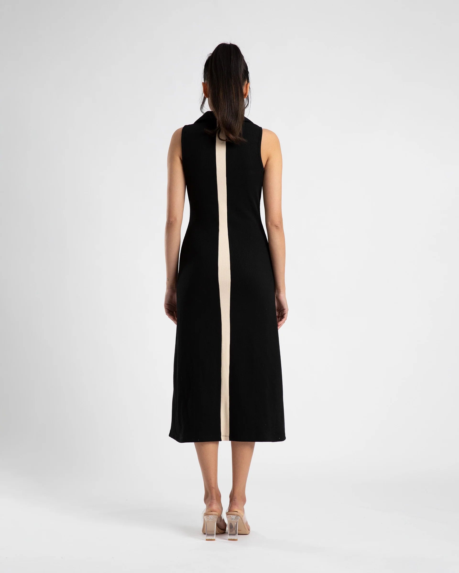 Stylish Collared V-Neck Striped Dress in Black & Cream - Perfect for Office Wear, Casual Outings & Special Occasions