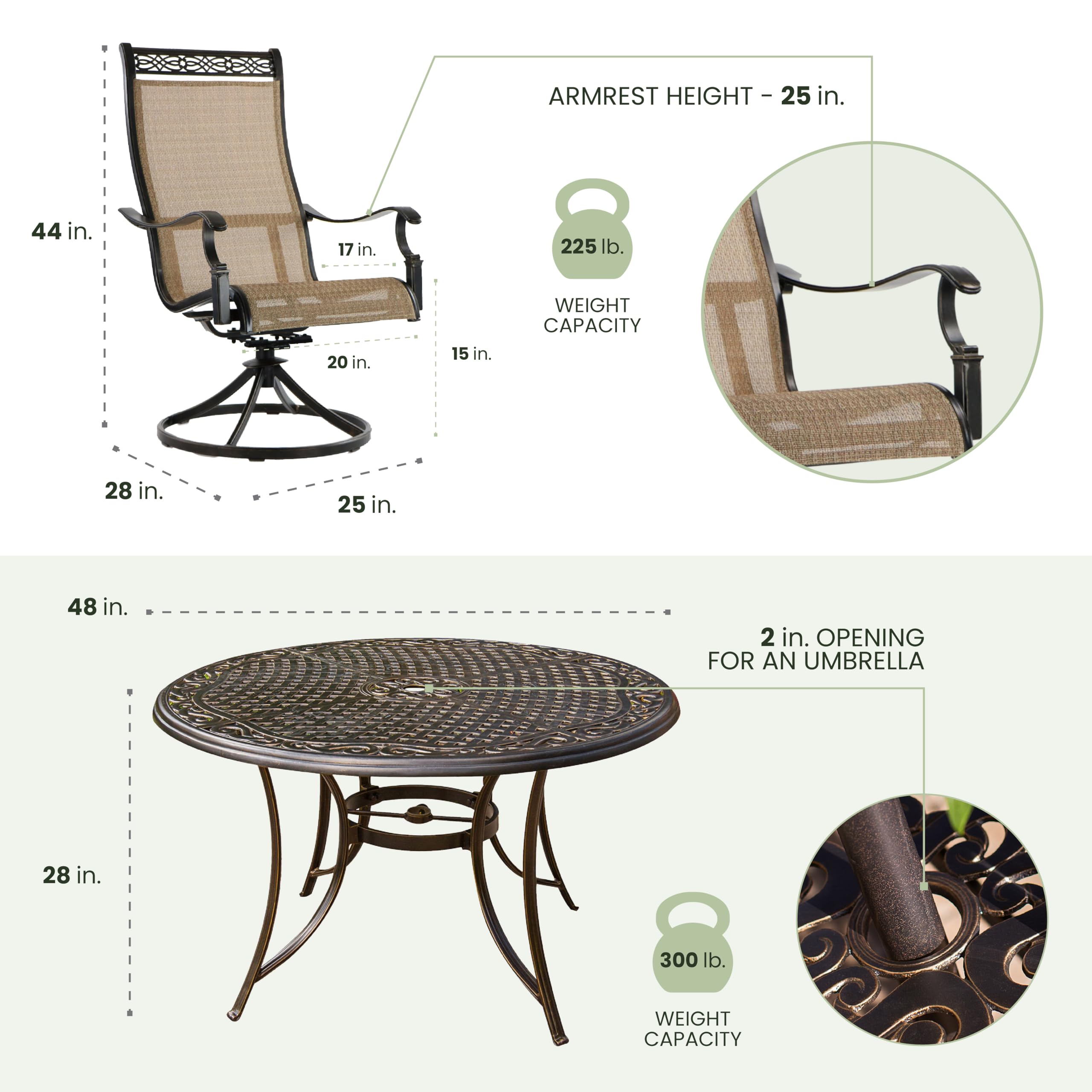 Hanover Manor 5-Piece Outdoor Dining Set - Rust-Resistant Aluminum Patio Furniture with PVC Sling 360° Swivel Rocking Chairs & Round Table for Backyard, Deck, Porch - Perfect for Outdoor Entertaining & Relaxation