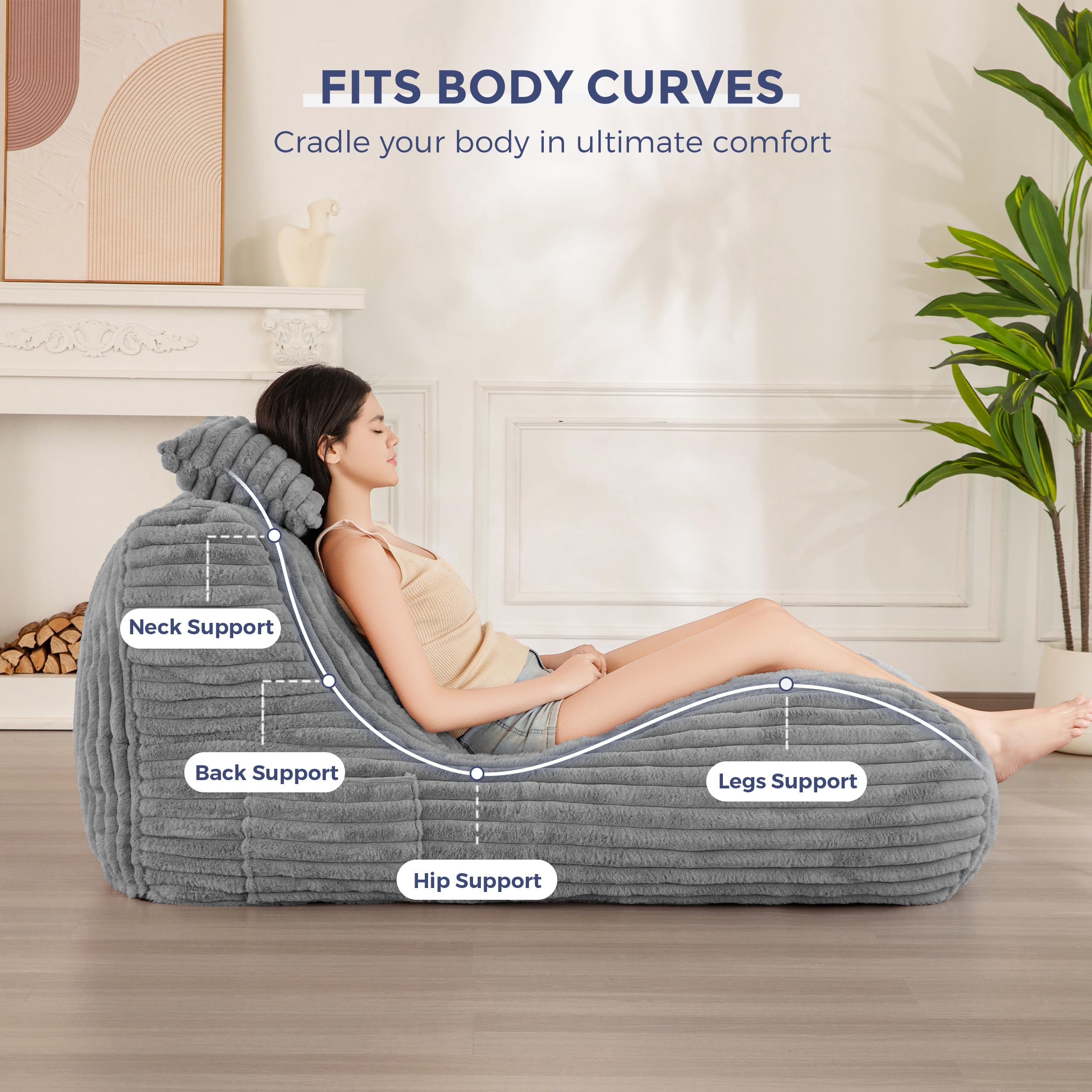Ergonomic Velvet Chaise Lounge Chair with Pillow - Soft Fabric Floor Sofa for Bedroom & Living Room - Grey | MAXYOYO Comfortable Fainting Couch for Relaxing, Reading & Napping